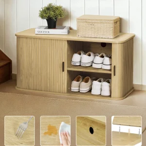 Putuo Decor Fluted Entryway Shoe Storage Bench with Adjustable Shelf, Shoe Rack Bench with Sliding Tambour Door for Living Room, Bedroom, Hallway, Walnut