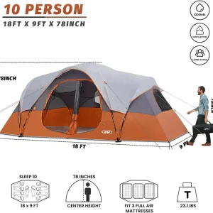 UNP Camping Tent 10-Person-Family Tents, Parties, Music Festival Tent, Big, Easy Up, 5 Large Mesh Windows, Double Layer, 2 Room, Waterproof, Weather Resistant, 18ft x 9ft x78in