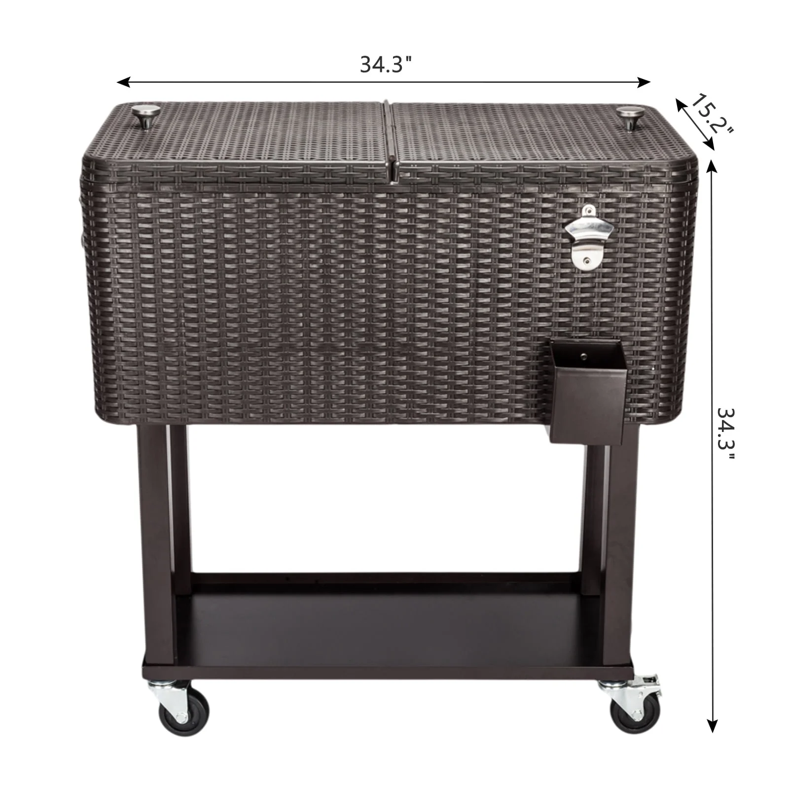80QT Rattan Cooler with Shelf & Wheels - Insulated Outdoor Beverage Ice Chest for Parties, Patios, & Events - Durable Woven Design, Stainless Steel Accents, Keeps Cool 48 Hrs