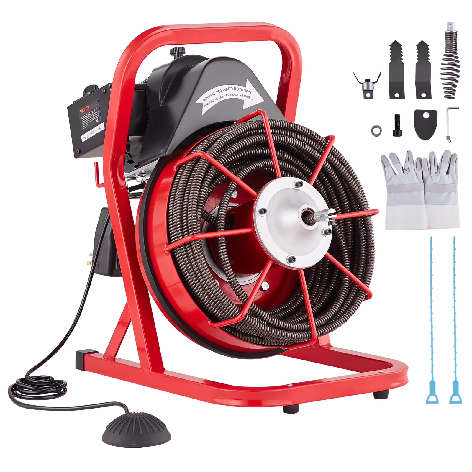 VEVOR Drain Cleaner Machine 75FT x 1/2 Inch, Sewer Snake Auger Manual Feed, 370W Electric Drain Cleaning Machine with 4 Cutters & Air-activated Foot Switch for 2" to 4" Pipes
