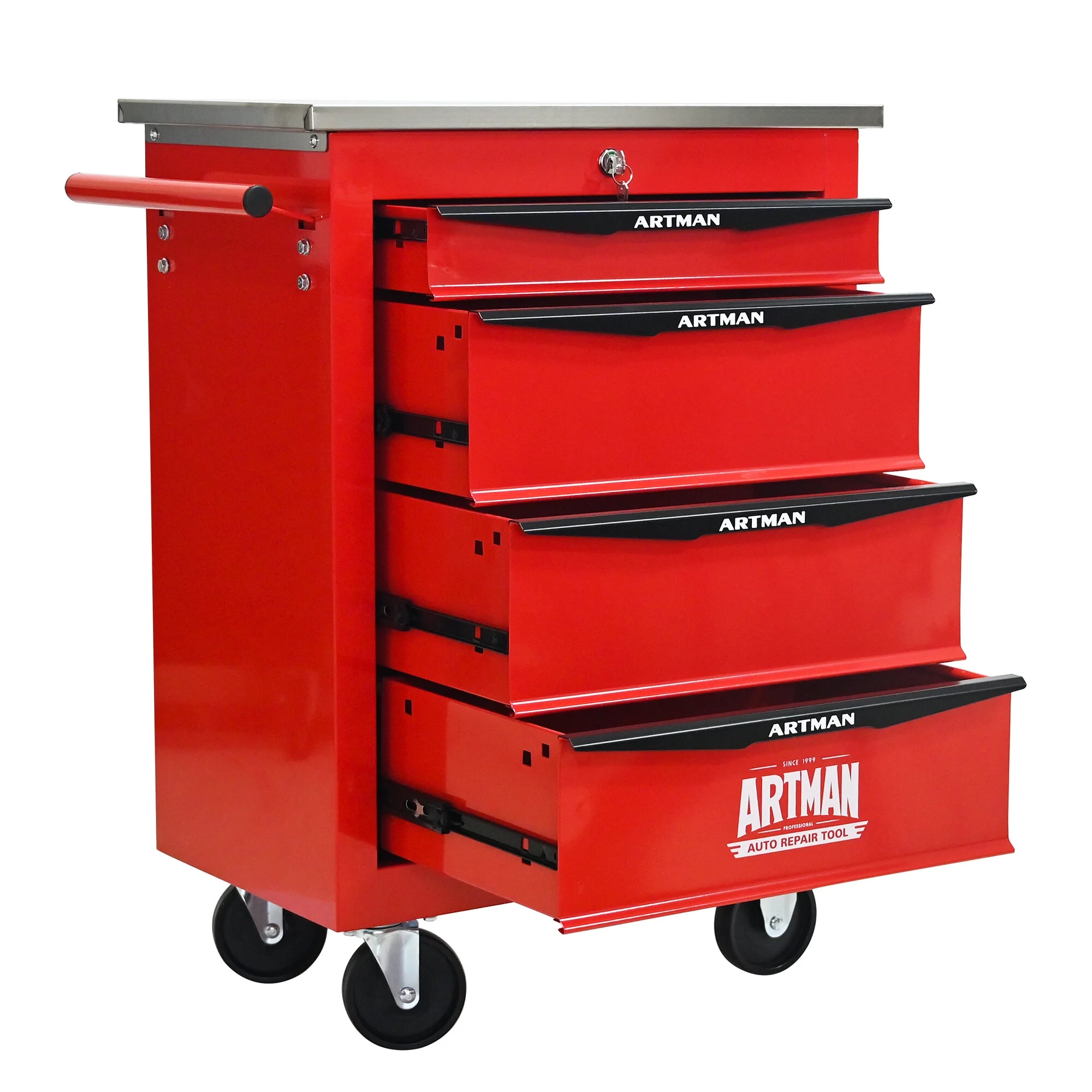 Tool Cabinets 4 Drawers Multifunctional Tool Cart with Wheels,Metal Rolling Tool Cart Storage for Garage Workshop Warehouse Repair Shop--With Stainless Steel Roof- Red&Black,Garage Tool Cabinets