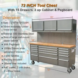 72 inch 11 Drawers Tool Chest with 3 Up Cabinet & Pegboard in Stainless Steel, Large Lockable Mobile Workbench with 6 Blue Storage Bins, Tool Box for Garage, Workshop (1 - HTC7214W1+ 1 - HTC7218W1)