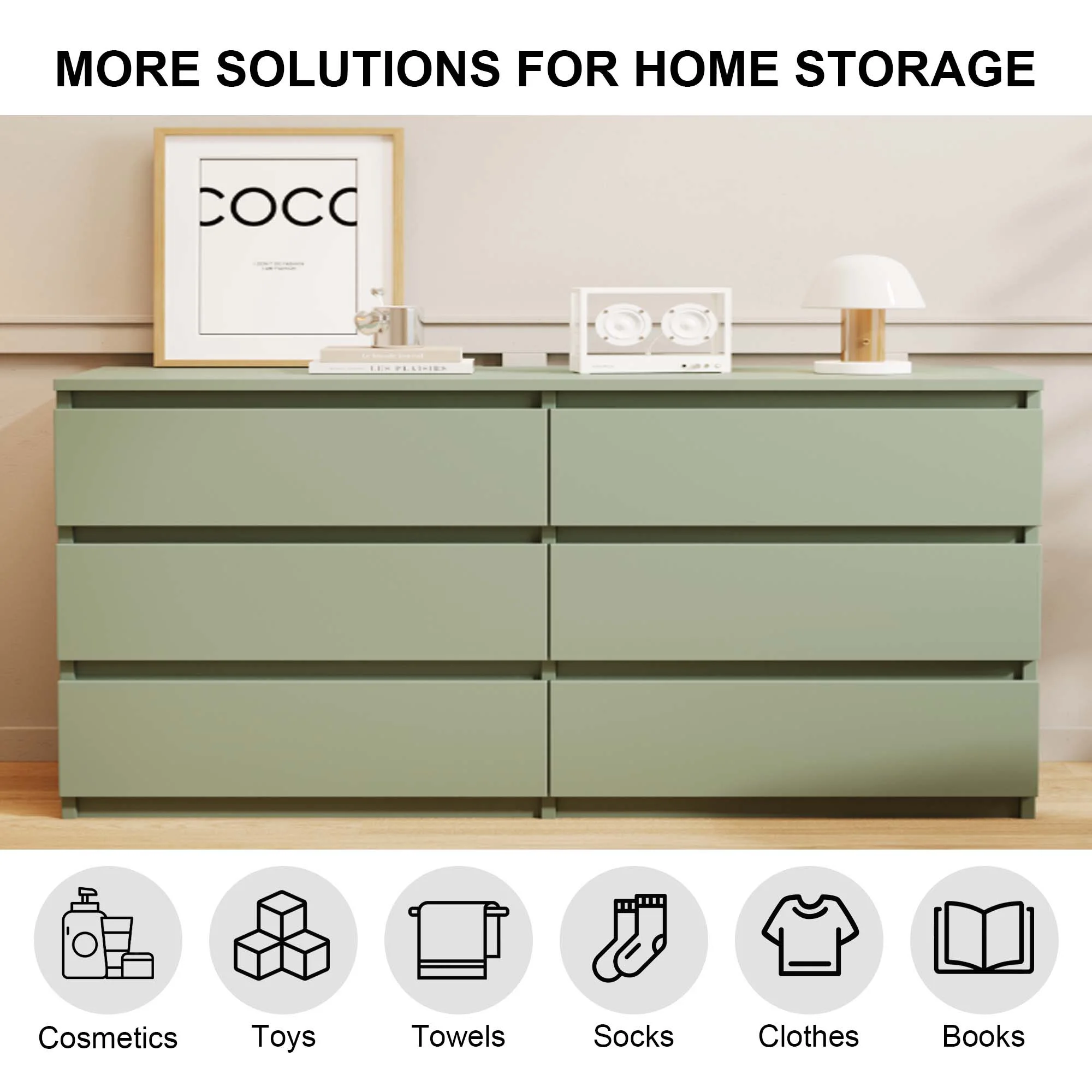 Aukfa Modern 6-Drawer Dresser Chest of Drawers Storage Cabinet for Bedroom Living Room, Green