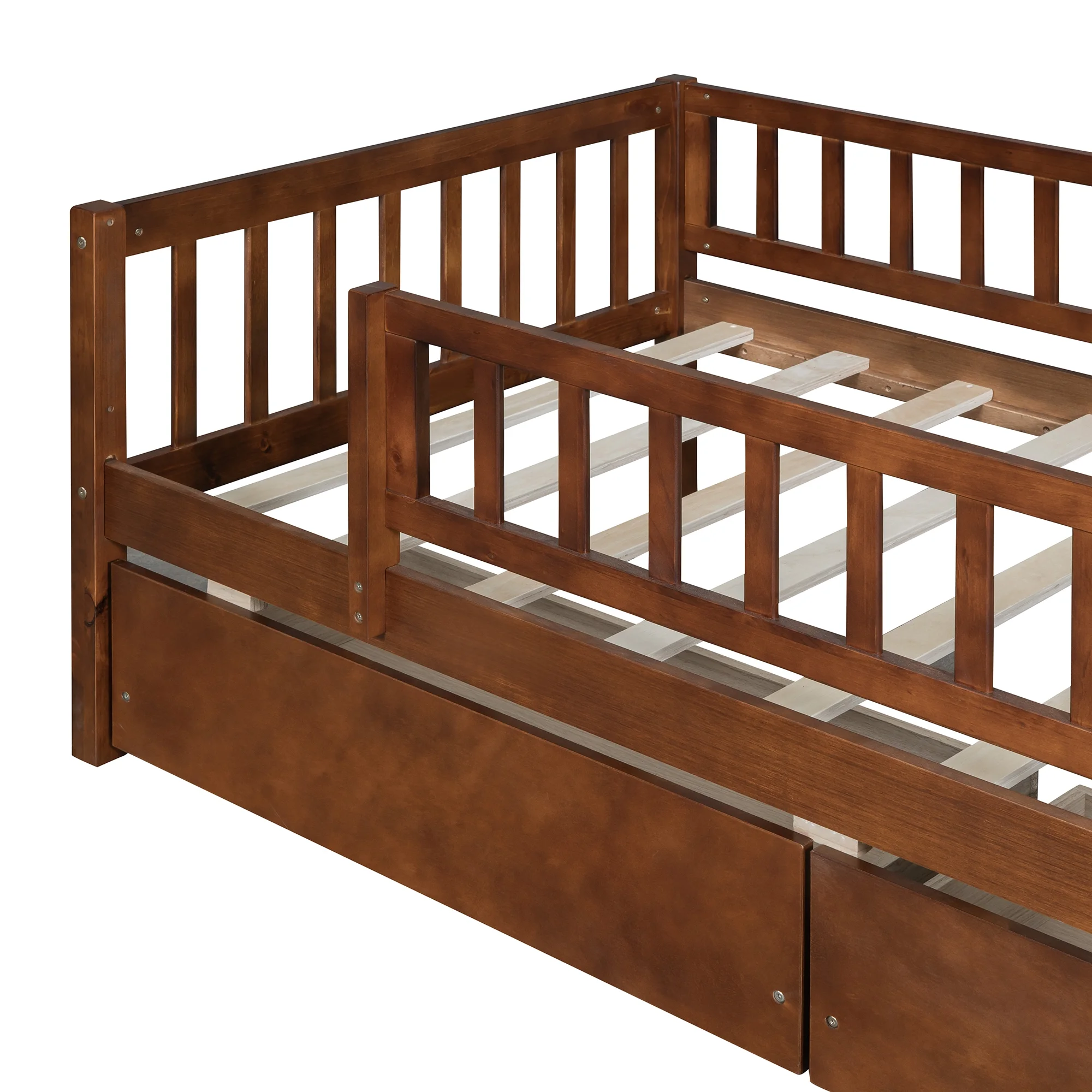 Holaki Twin Size Wood Bed with Guardrails and 2 Storage Drawers for Kids, Gray