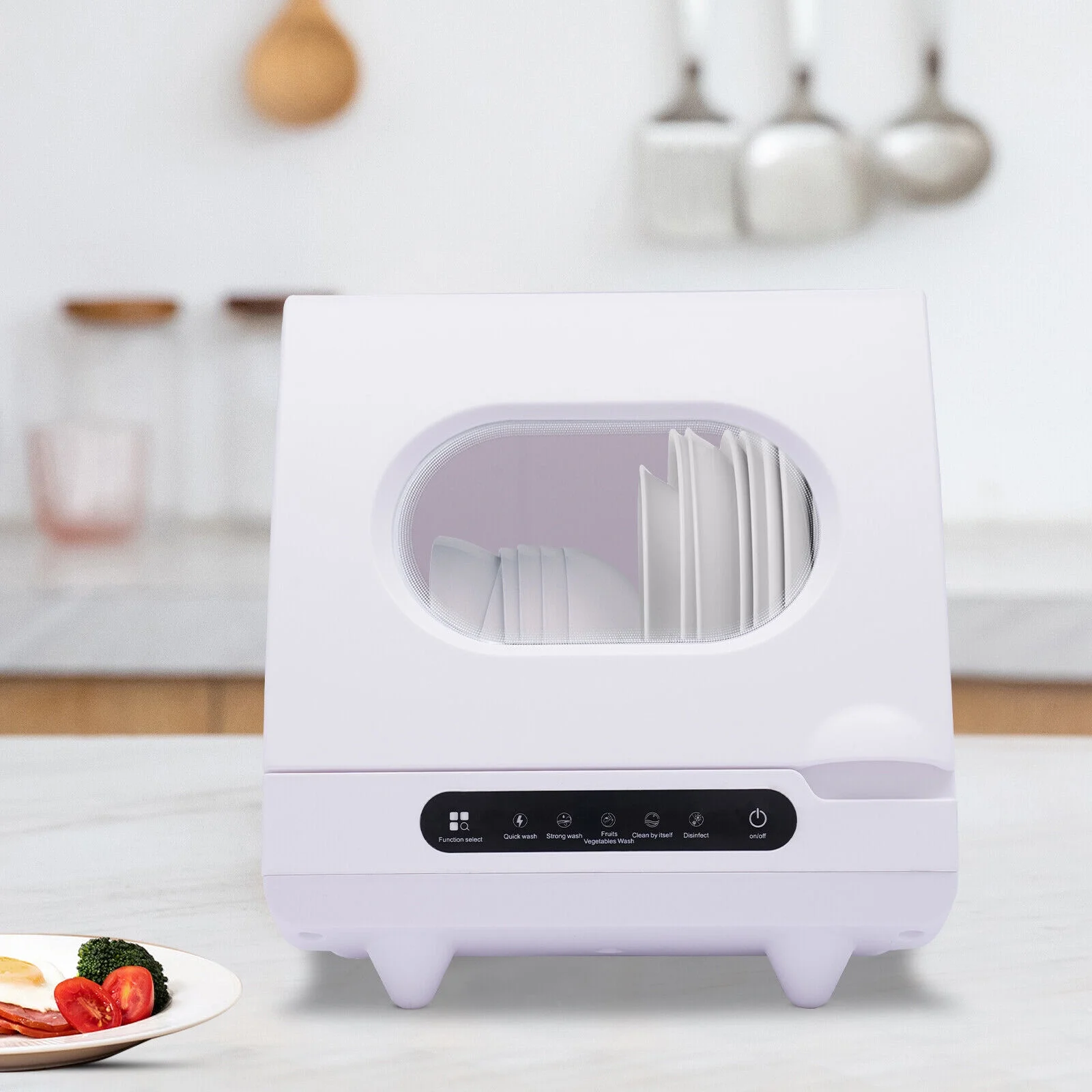 FETCOI Countertop Dishwasher, Compact Countertop 360Streak-Free Deep Cleaning Dishwasher Tableware Dishwashing 5 Washing Programs Automatic Portable Dish Washing Machine with Dish Rack White