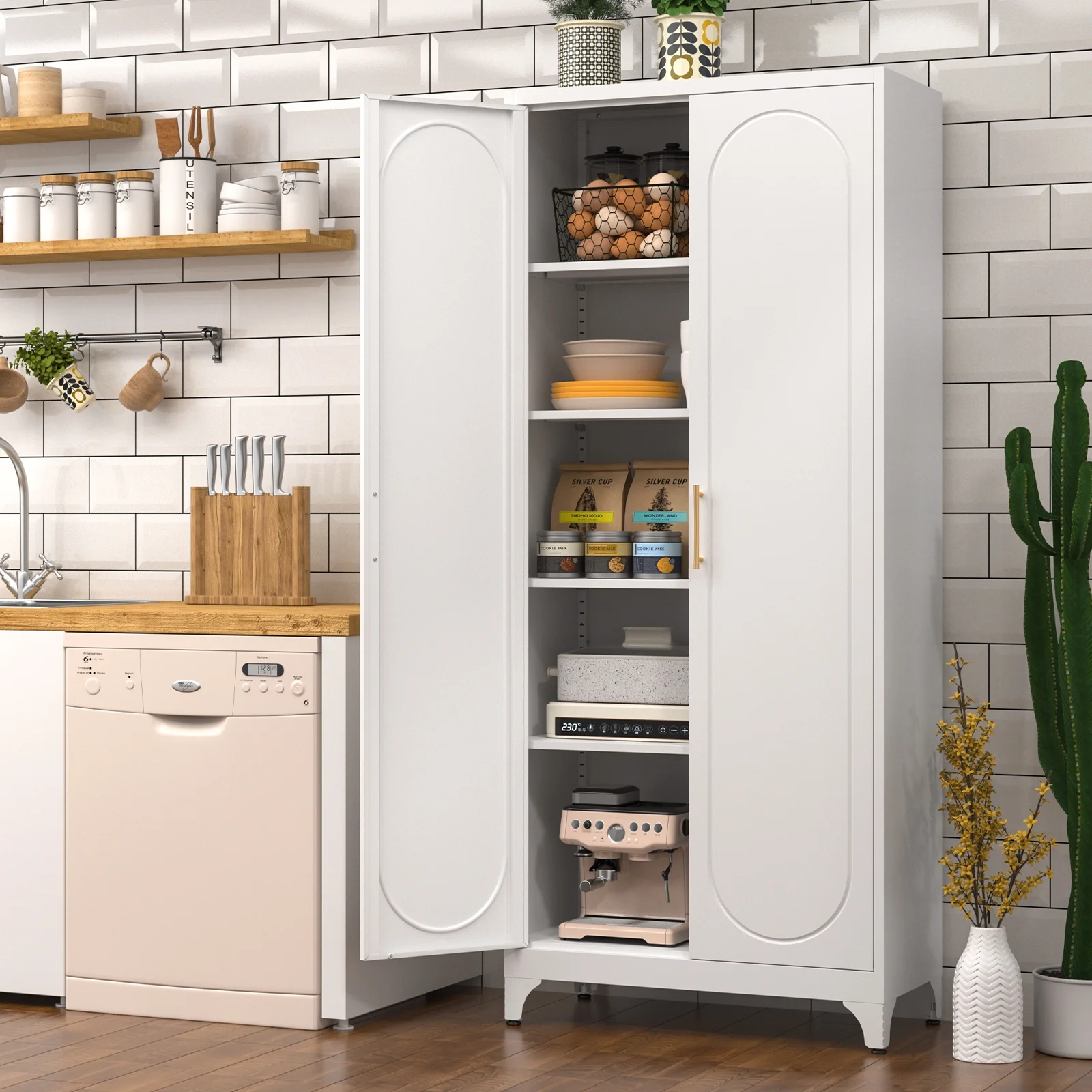 Polup White 75" H Modern Kitchen Storage Cabinet with Doors and Adjustable Shelves