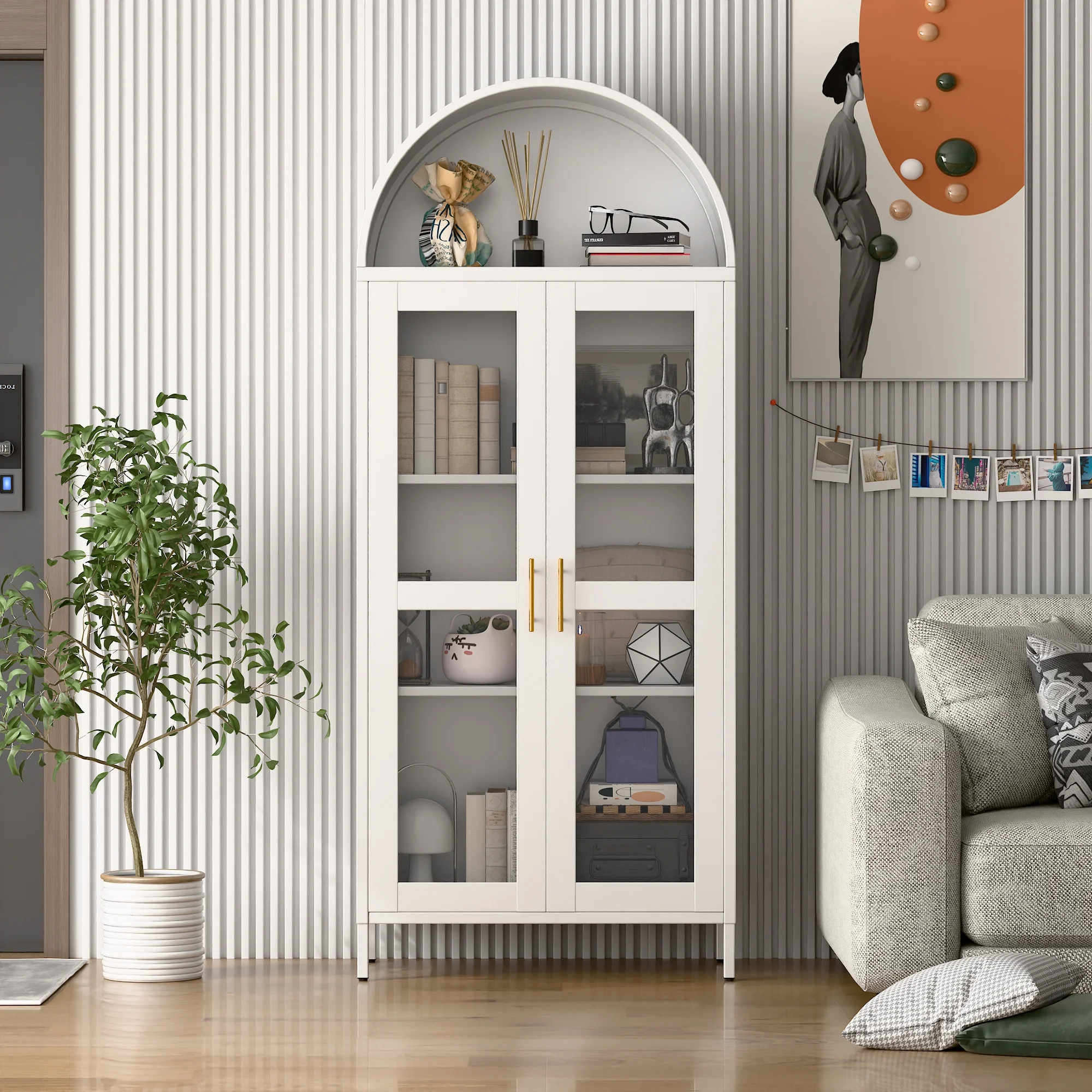 SUXXAN Metal Arched Storage Display Lockable Cabinets with Glass Doors and Adjustable Shelves, Assembly Required, Black