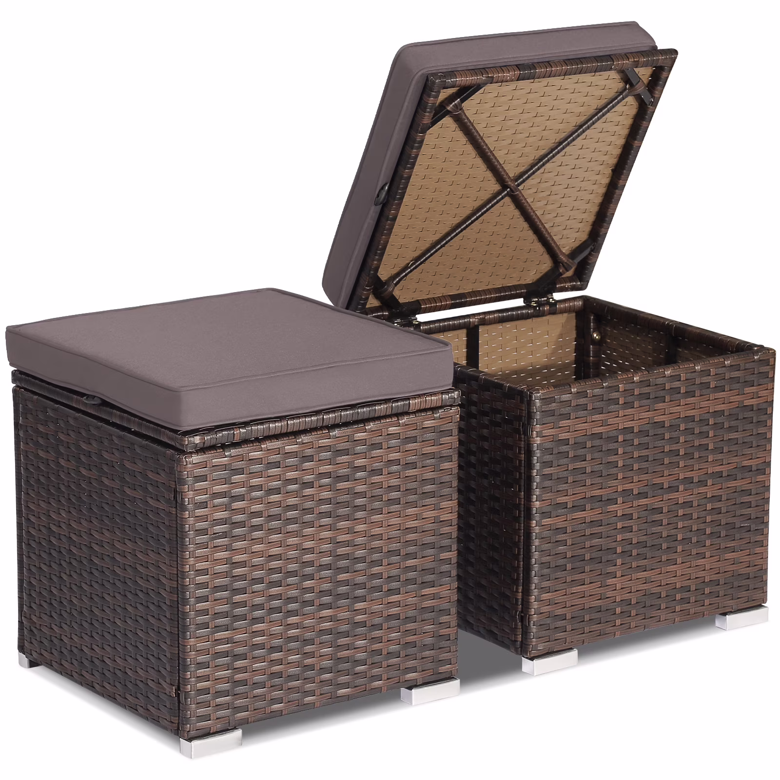 Costway 2PC Patio Rattan Ottoman Seat Side Table Storage Box Footrest Off White