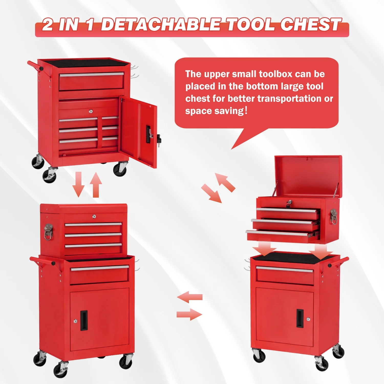 AECOJOY 8-Drawer Rolling Tool Chest, Large Tool Cabinet with Universal Lockable Wheels, Detachable Toolbox Storage for Garage, Repair Shop, Workshop, Black