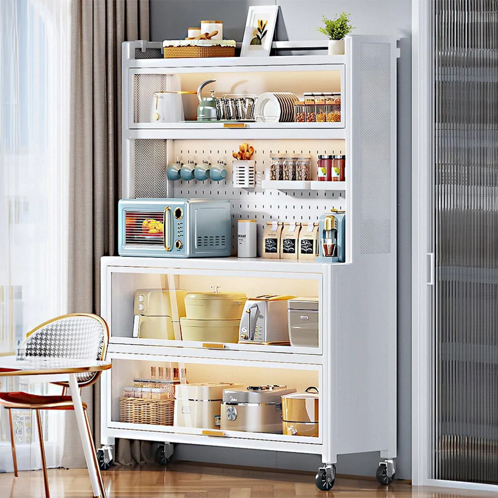 Kitchen Storage Rack, Microwave Stand with Flip Door and Pegboard, Large Kitchen Storage Shelves with Wheels & 8 Hooks, Free Standing Kitchen Bakers Rack for Garage Pantry Kitchen Home White