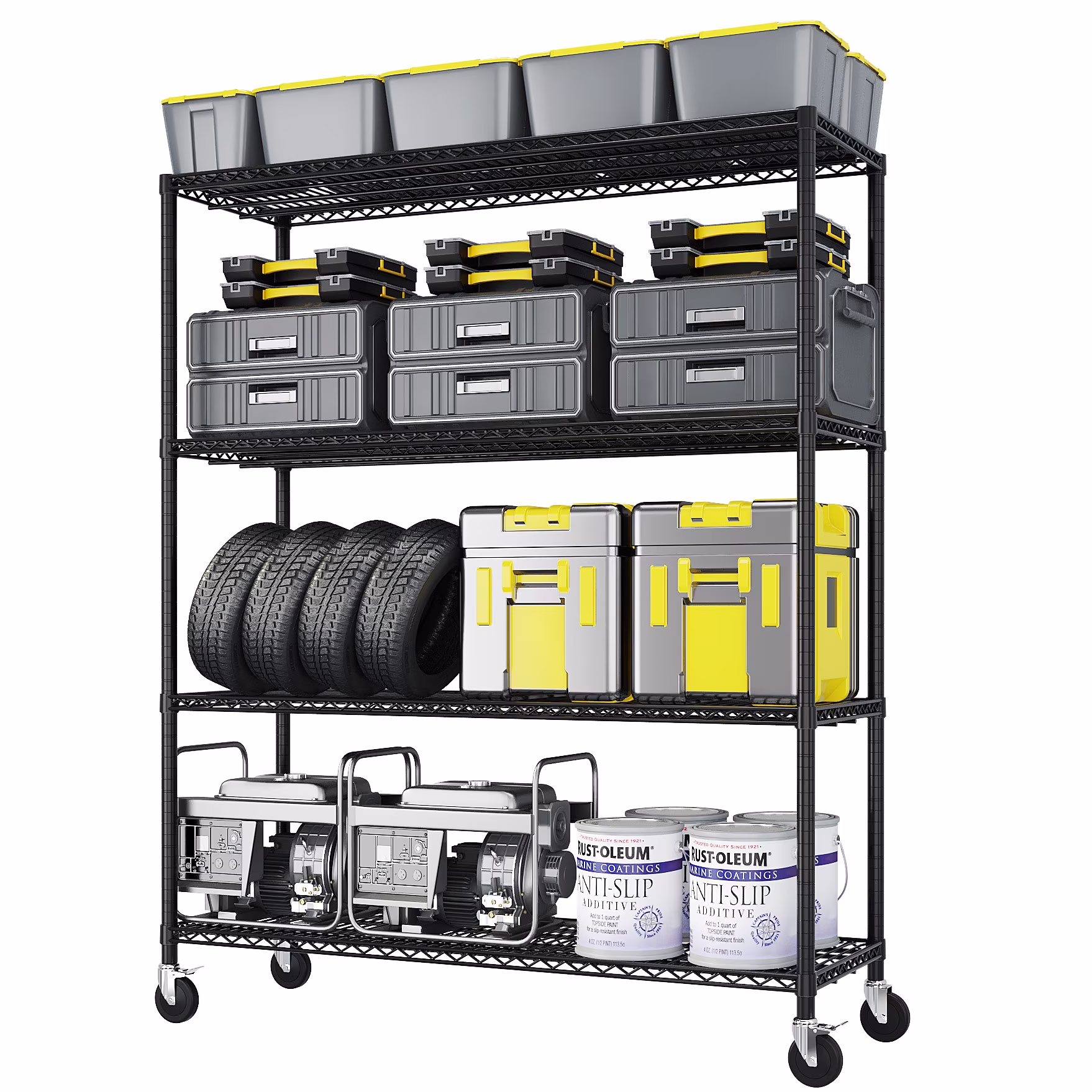 Ktaxon 4 Tier Wire Shelving with Wheels, 46"W x 17.7"D x 65"H Multifunctional Storage Rack Metal Garage Shelves Organizer, Capacity for 800lbs, Black