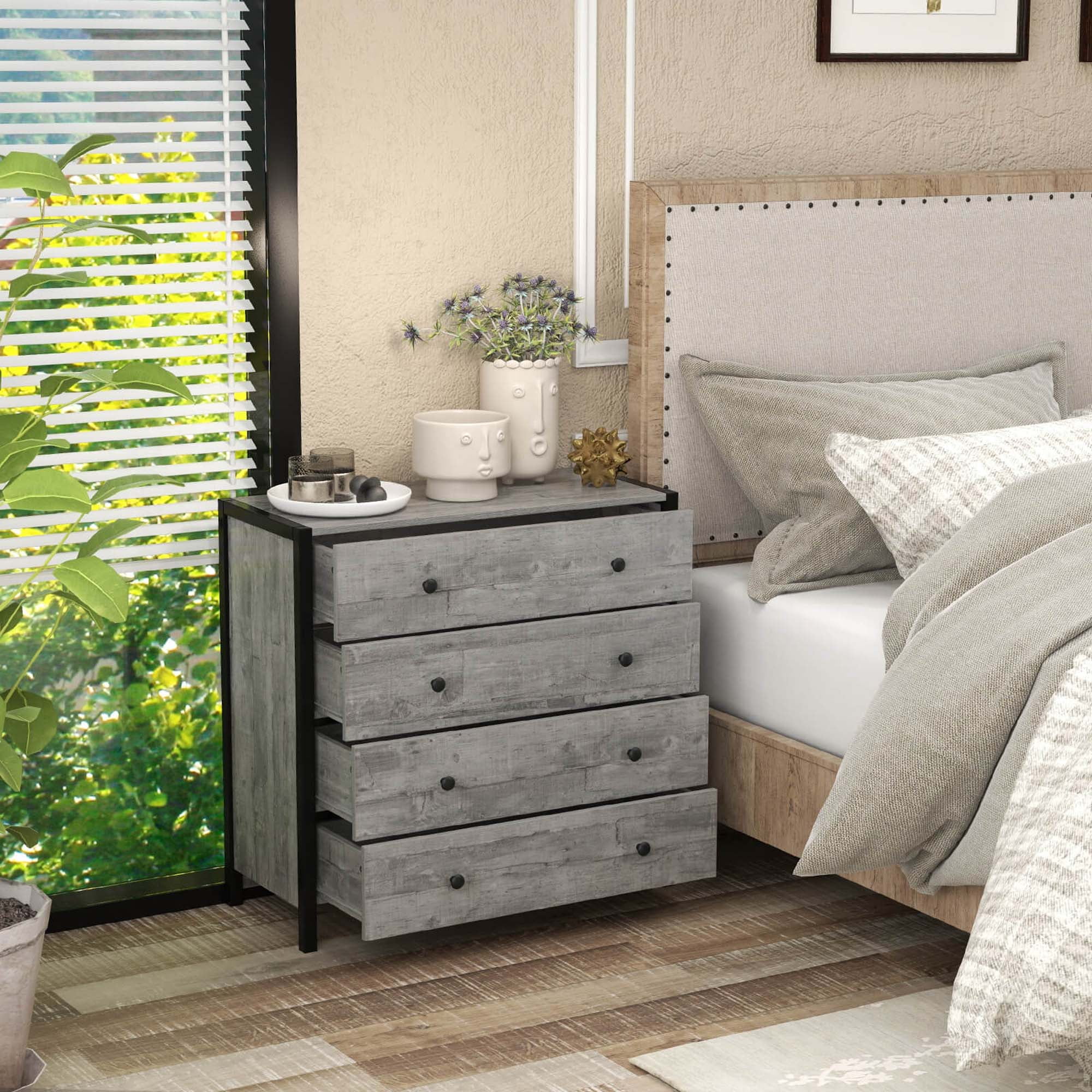 Costway 4-Drawer Dresser Modern Chest of Drawers Wooden Storage Dresser Grey