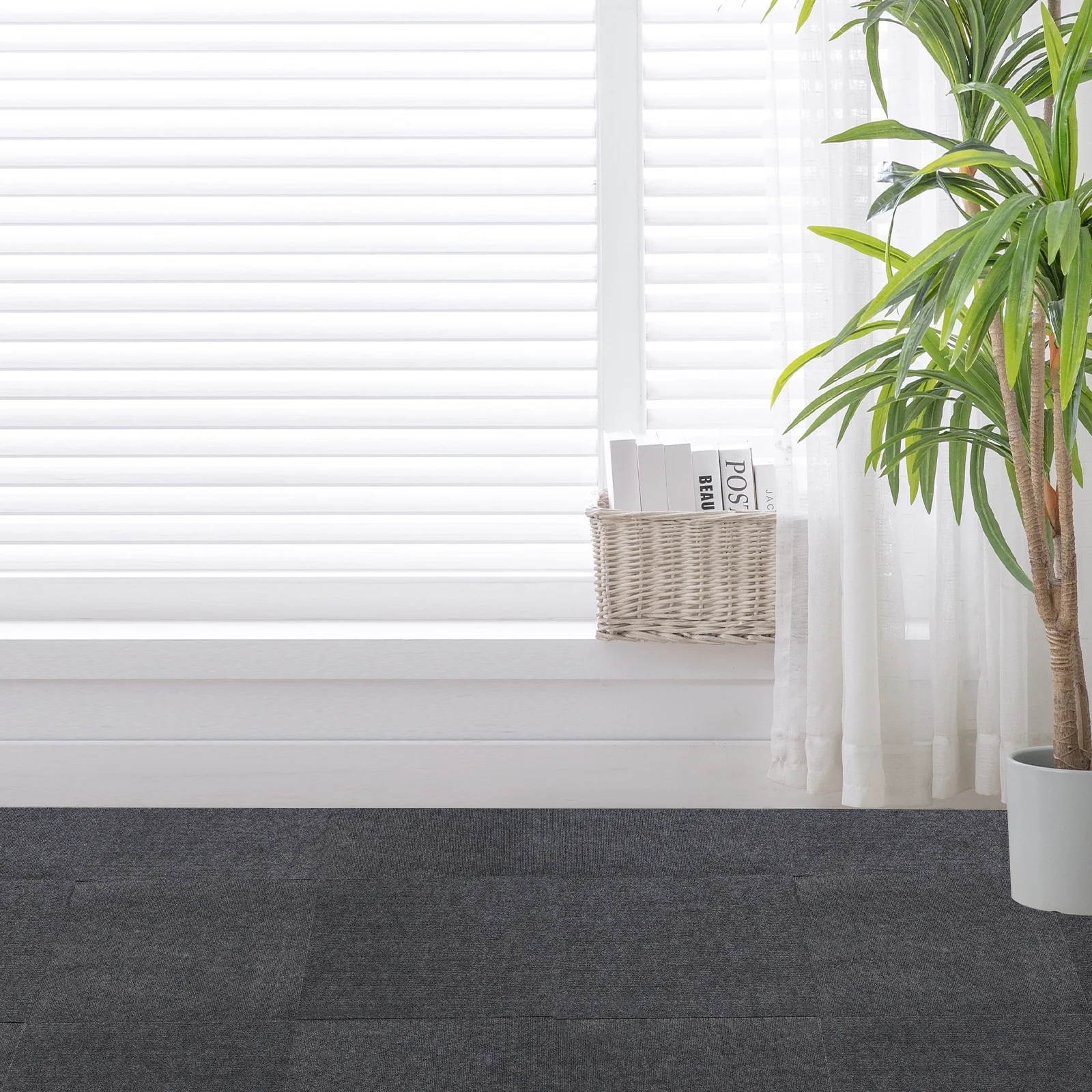 Dark Grey Carpet Tiles 24x24in, Low-Maintenance Polyester Fiber, Self-Adhesive 15-Pcs Set with Effortless Cleaning, Suitable for Hotels & Warehouses