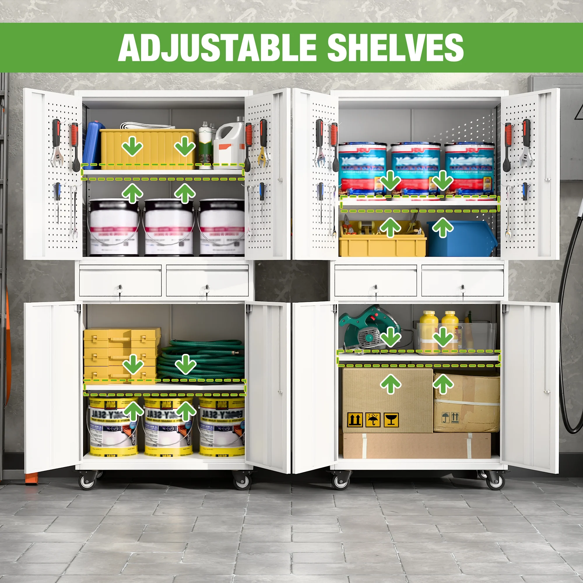 GangMei 71-Inch Metal Lockable Storage Cabinet with Pegboards and 5 adjustable shelves, White, Assembly Required