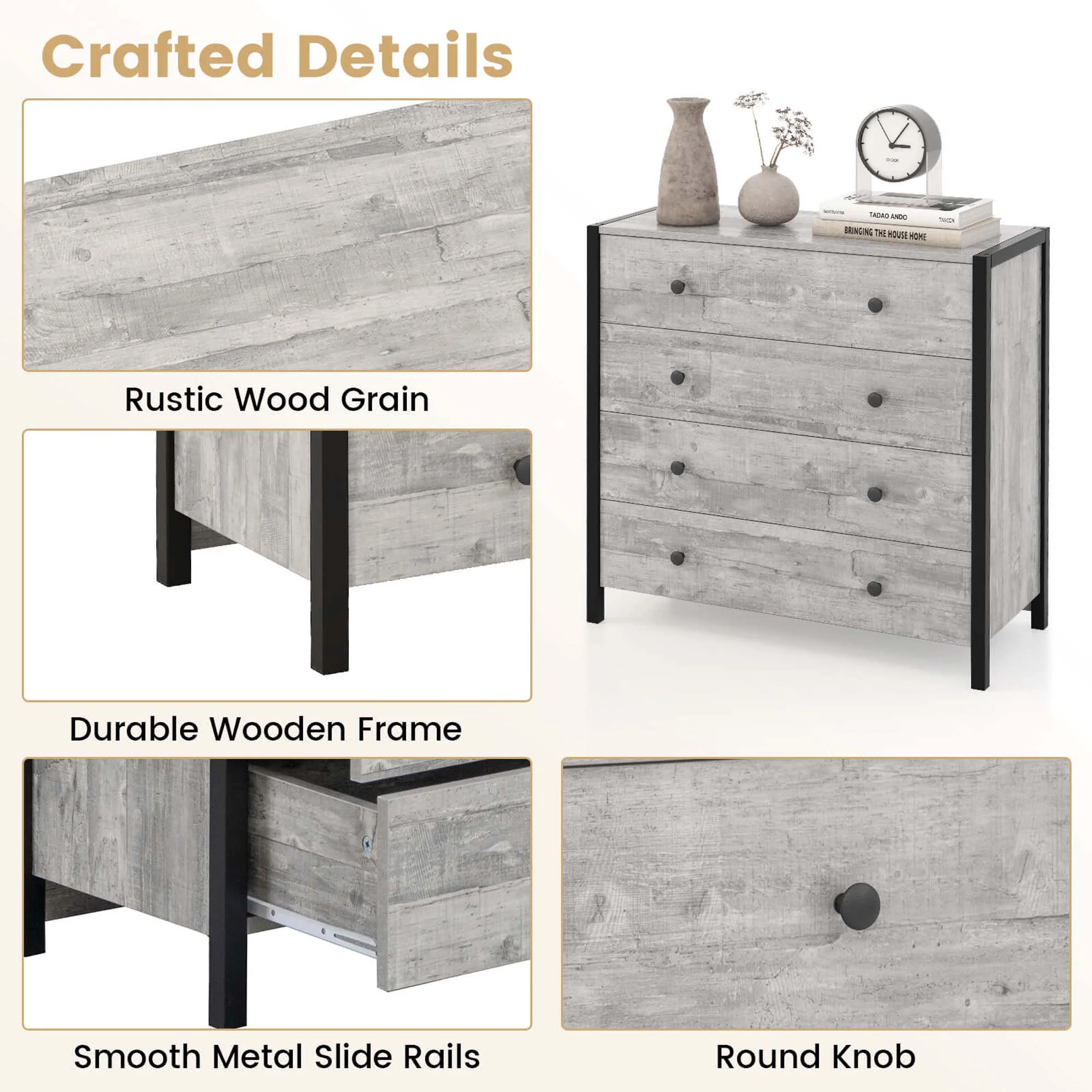 Costway 4-Drawer Dresser Modern Chest of Drawers Wooden Storage Dresser Grey