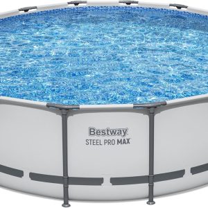 Steel Pro MAX 14 Foot x 48 Inch Round Metal Frame Above Ground Outdoor Swimming Pool Set with 1,000 Filter Pump, Ladder, and Cover, Gray