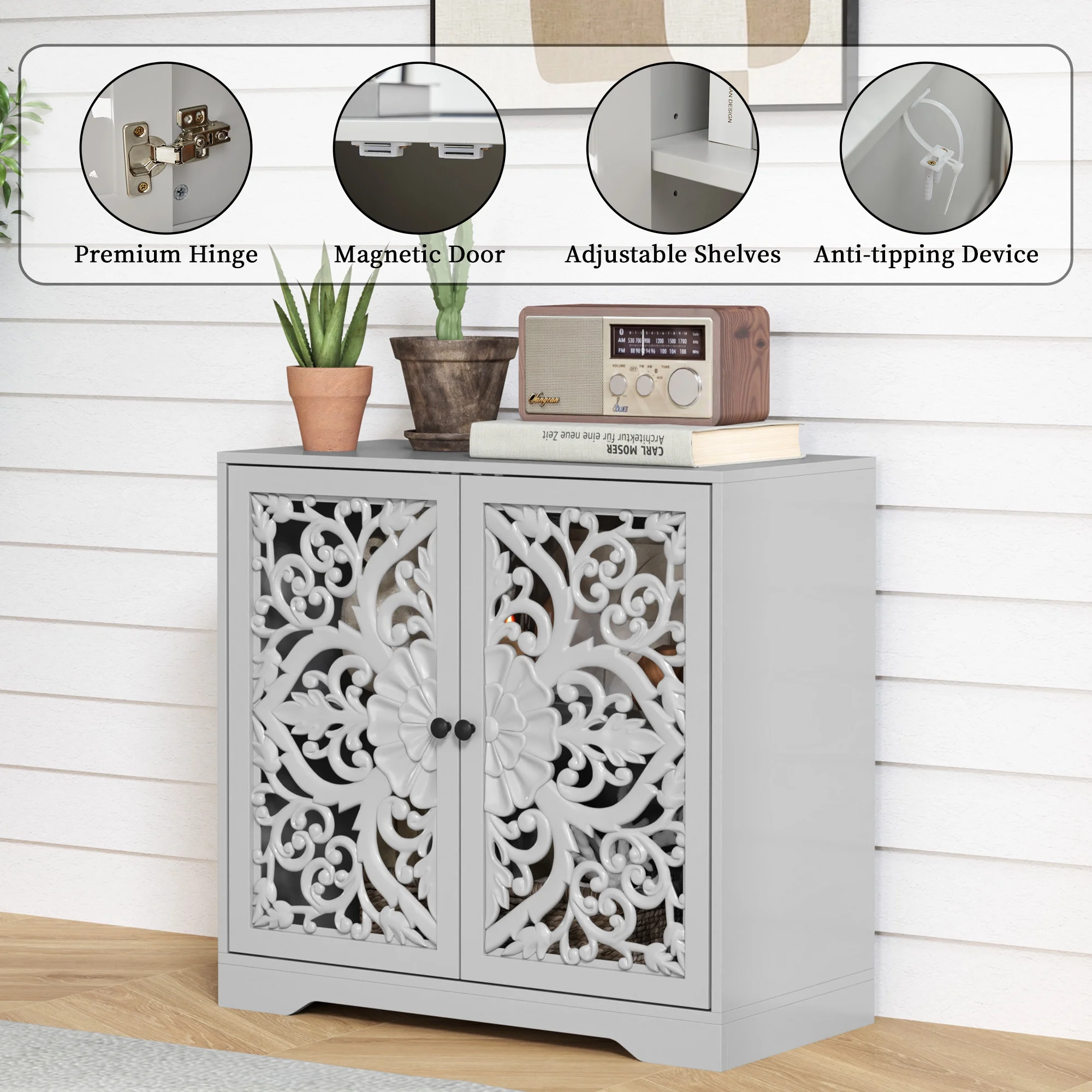 Accent Cabinet with Hollow Carved Door for Entryway Hallway, Blue Sideboard Buffet Cabinet, Storage Cabinet for Living Room