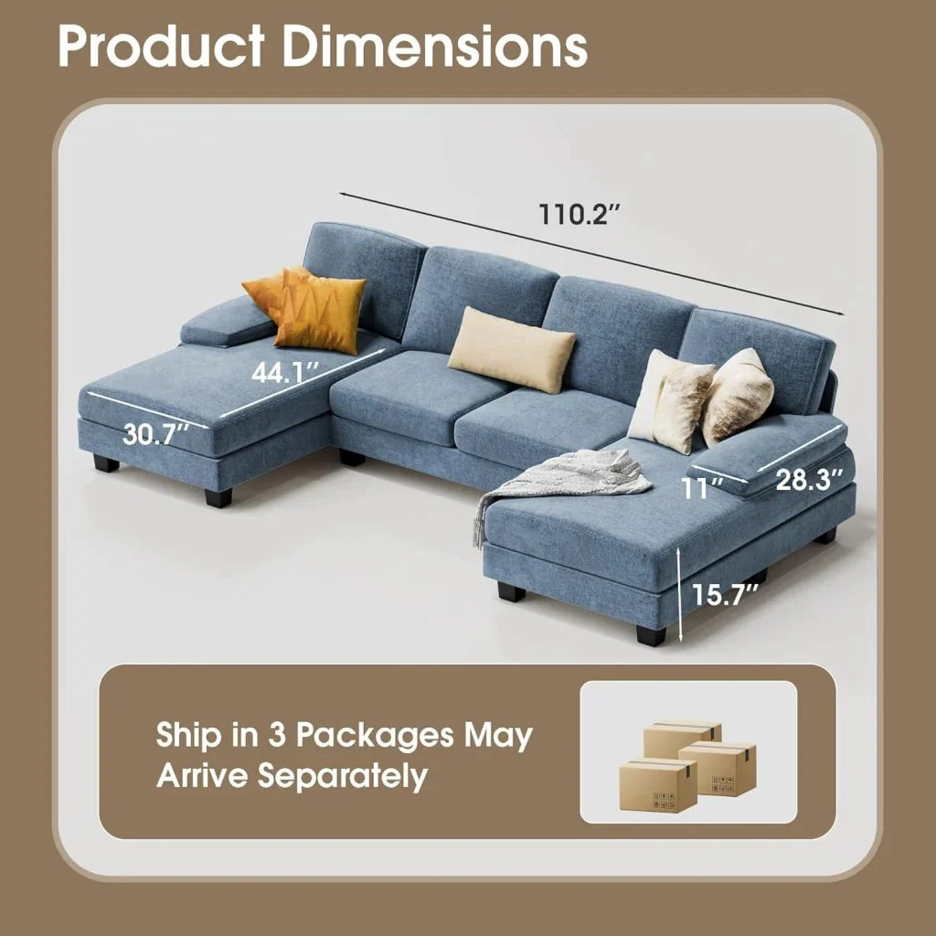 Furmax Sectional Couches for Living Room, U-Shaped Sofa Couch with Linen Fabric, 4 Seat Sofa Set with Double Chaise for Apartment (Fabric, Grey)