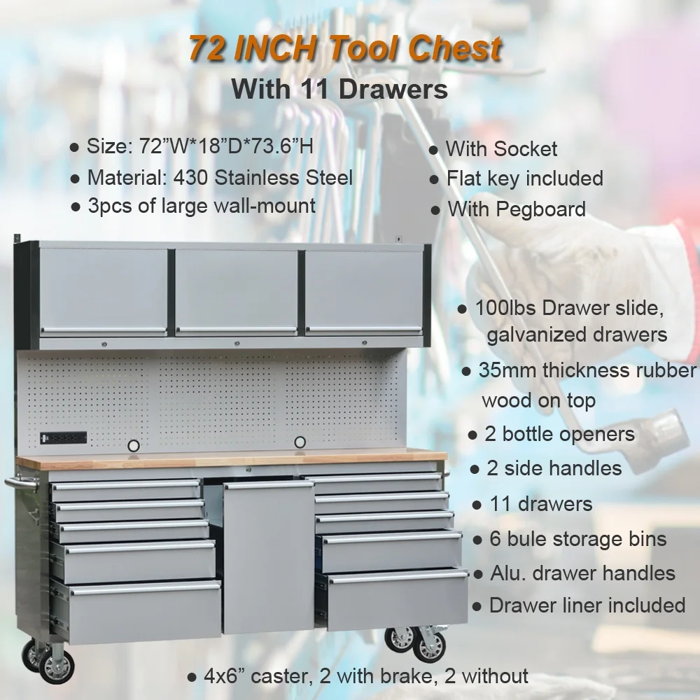 72 inch 11 Drawers Tool Chest with 3 Up Cabinet & Pegboard in Stainless Steel, Large Lockable Mobile Workbench with 6 Blue Storage Bins, Tool Box for Garage, Workshop (1 - HTC7214W1+ 1 - HTC7218W1)