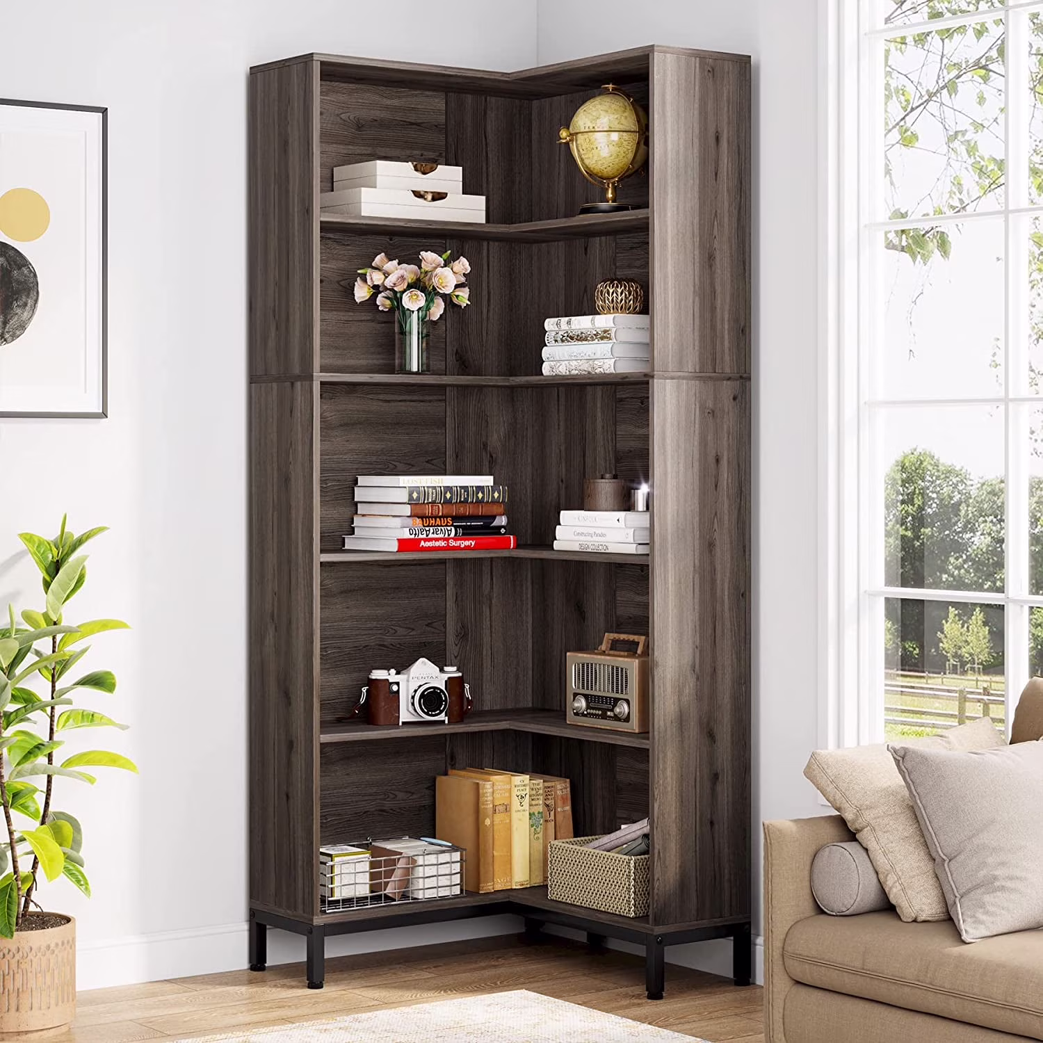 Tribesigns 71" L-Shaped Bookcase, 6-Tier Corner Bookshelf, Industrial Storage Display Rack, Grey