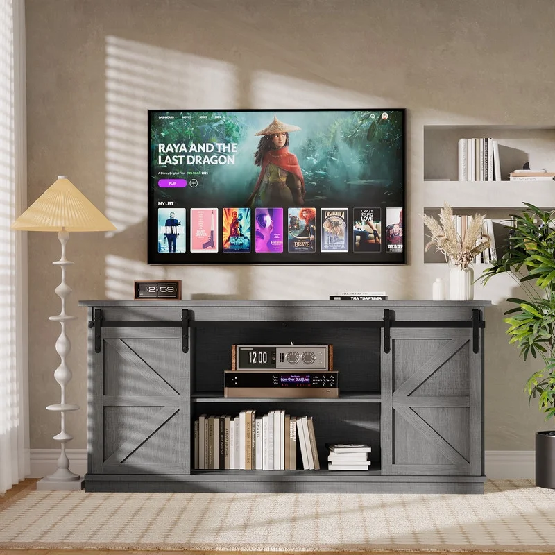 Furmax 65 inch TV Stand Entertainment Center with Sliding Barn Doors and Storage,White
