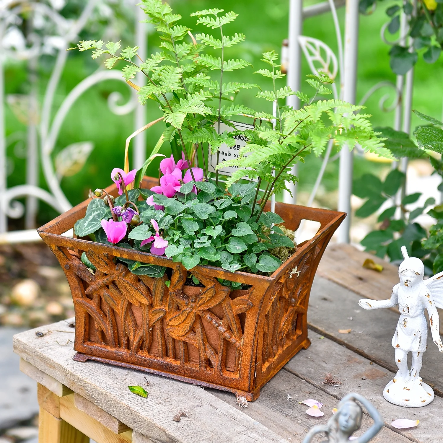 Sungmor Heavy Duty Cast Iron Urn Planter, Beautiful Hollow Trophy Design Tall Orchid Flower Pot, Large Decorative Plastic Flowers Plants Bouquets Vase, Rustic French Country Pot for Home or Garden