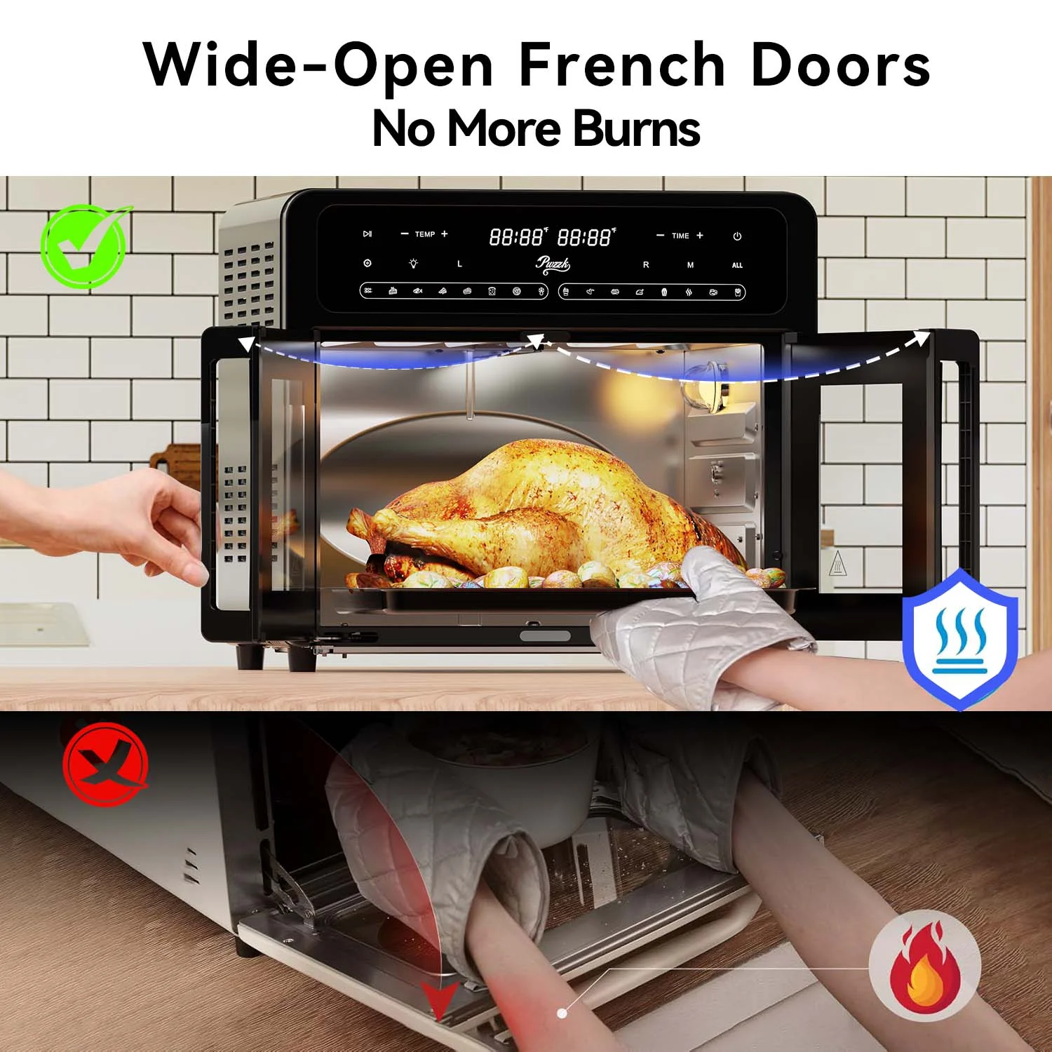 PwZzk 25.4QT Dual Zone Air Fryer Toaster Oven Combo, French Glass Door, XL Capacity, 100-430-F Temperature Range, 16 Preset Functions, LED Display, Dual Fan, 360- Heat Circulation, Rotisserie, Bake,