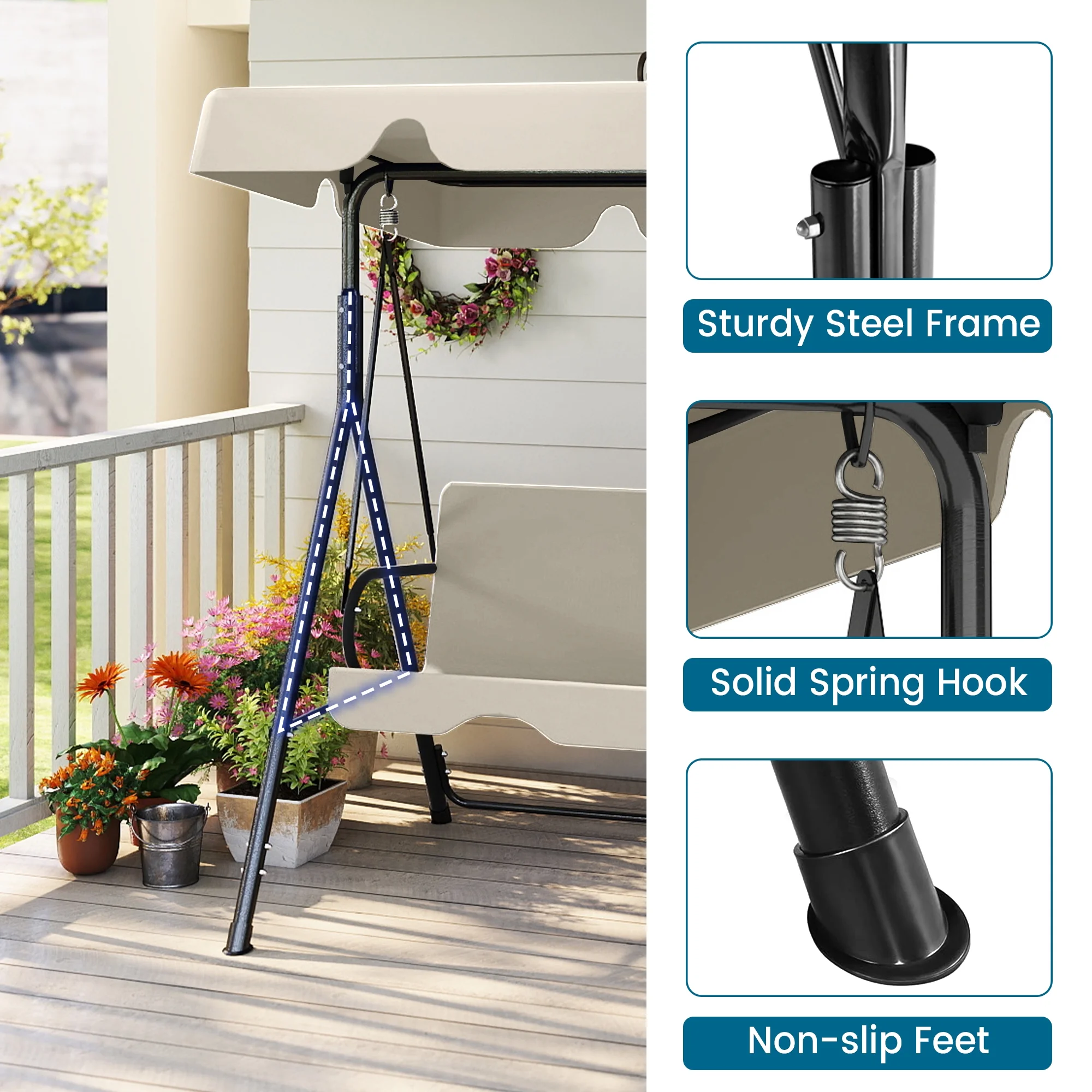 Melocadol 3 Seats Outdoor Porch Swing Glider, Patio Swing Chair with All Weather Covered Canopy and Rust Proof Heavy Duty Stand, for Garden, Lawn, or Backyard, Black