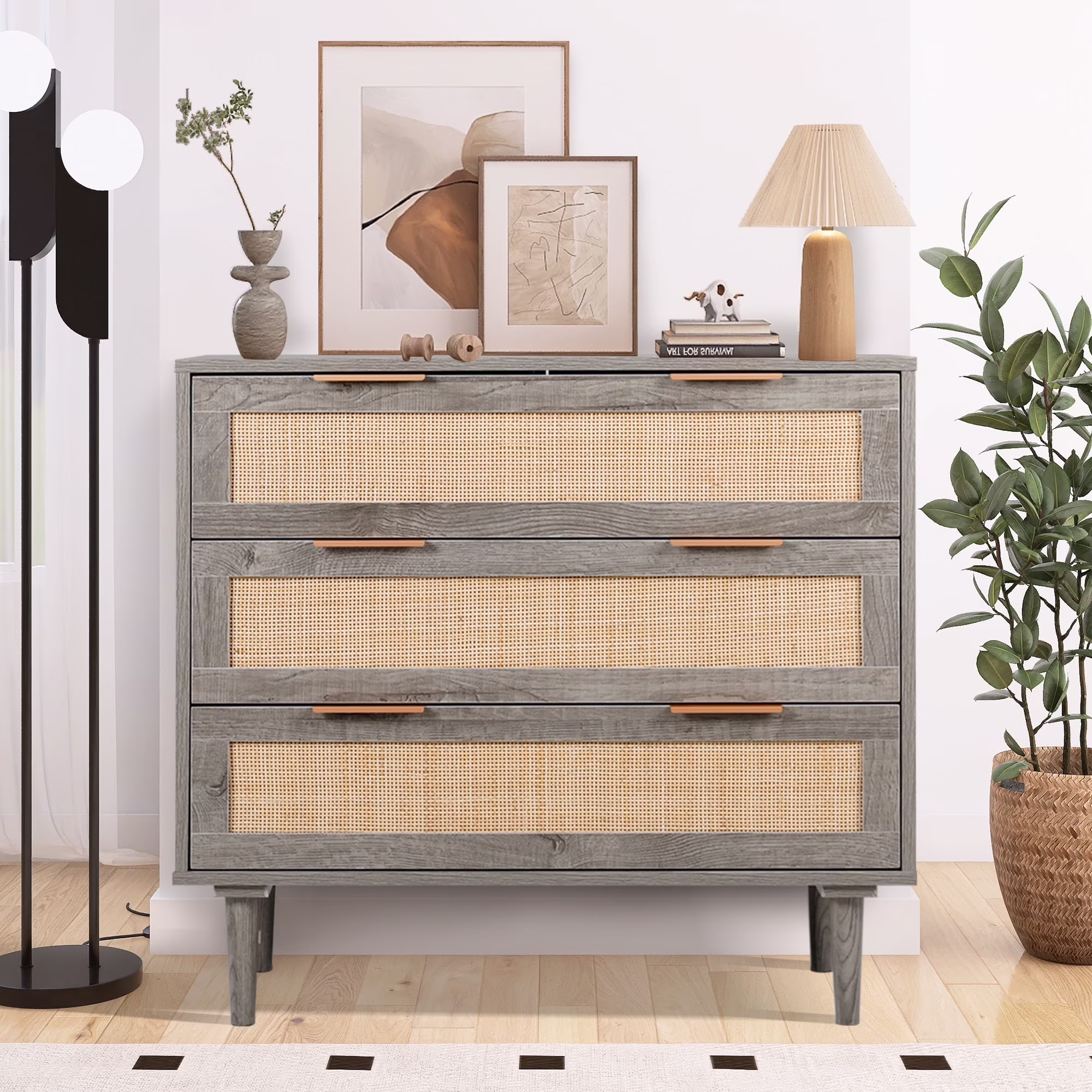 LAZZO 3 Modern Drawer Dresser Rattan, Wooden Dresser Chest of Large Storage Cabinet