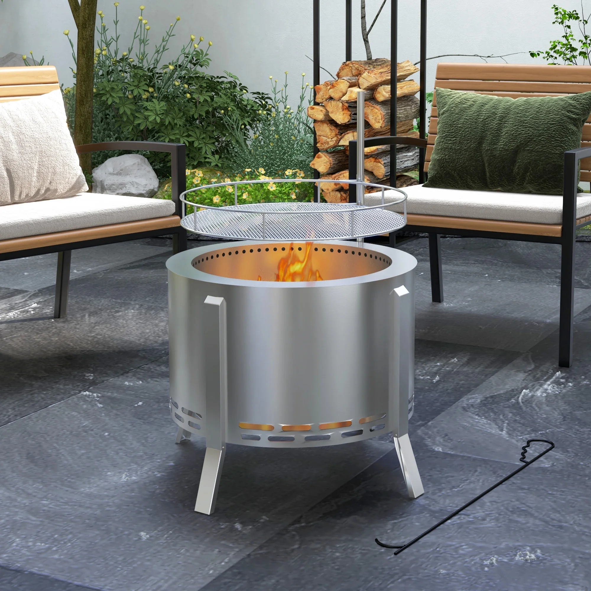BBQ Utensils Outsunny 2-in-1 Smokeless Fire Pit, BBQ Grill, 19" Portable Wood Burning Firepit with Cooking Grate and Poker, Low Smoke Camping Bonfire Stove for Backyard Patio Picnic, Stainless Steel,