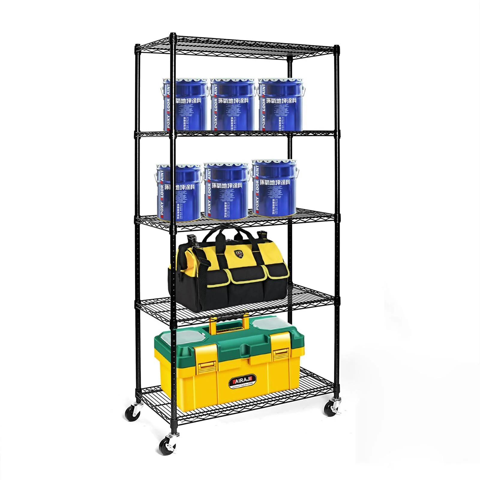 Ktaxon 4 Tier Wire Shelving with Wheels, 46"W x 17.7"D x 65"H Multifunctional Storage Rack Metal Garage Shelves Organizer, Capacity for 800lbs, Black
