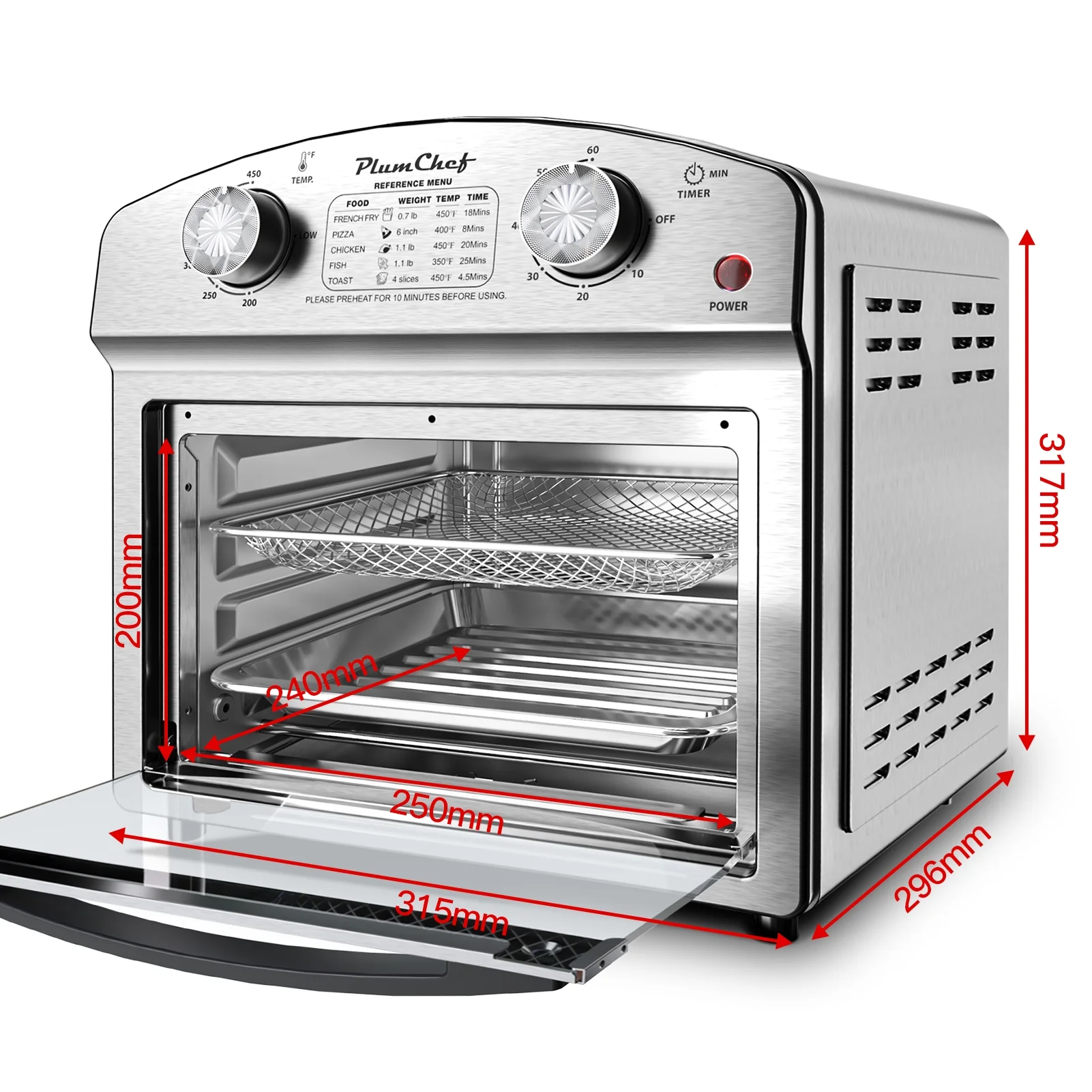 PlumChef 13 Quart 4 Slices Air Fryer Convection Toaster Oven, 1500W, 7 in 1 Multifunction with Roast, Bake, Grill, Broil, Toast, Dehydrate, Defrost, Stainless Steel
