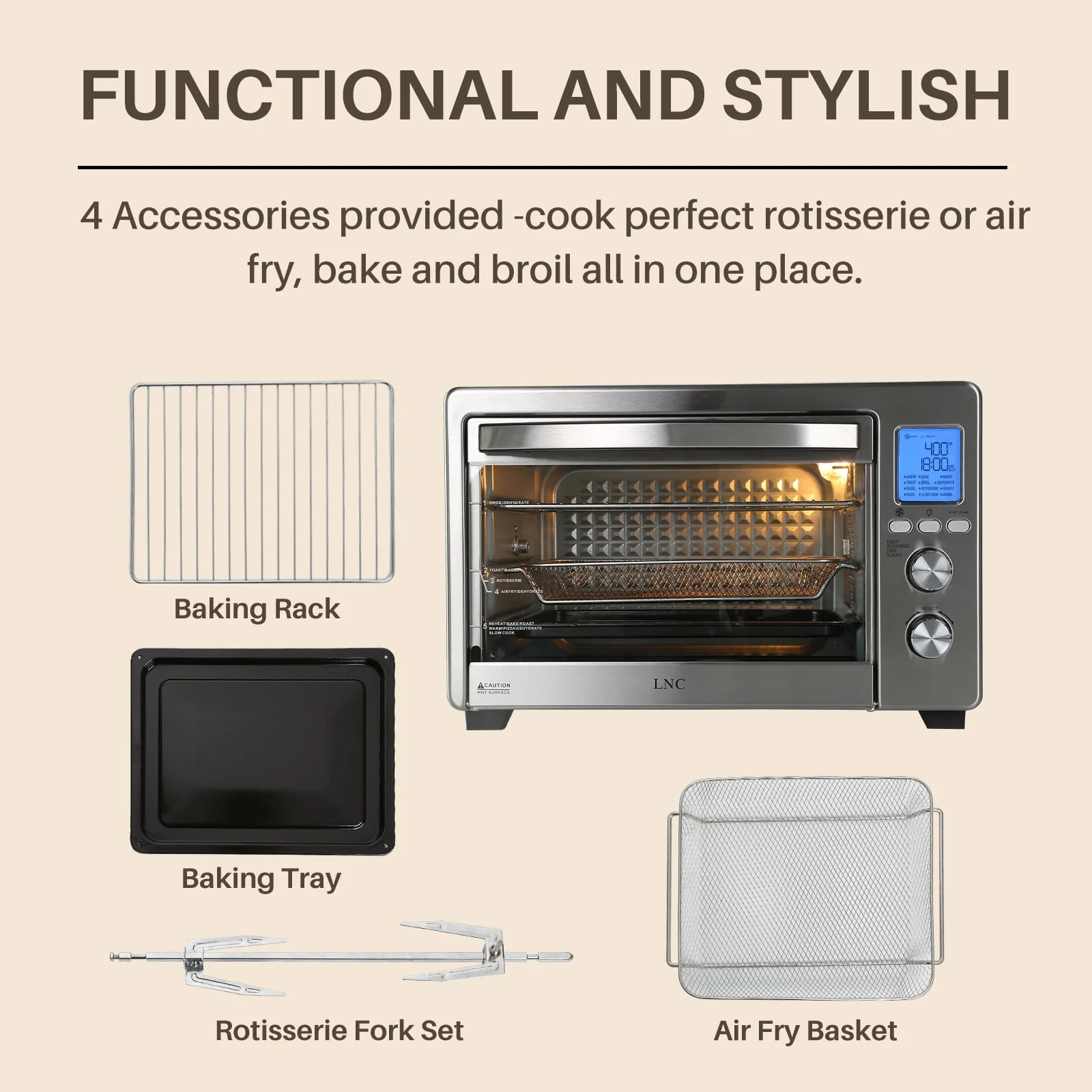 LNC Air Fryer Toaster Oven 12-in-1 Countertop Oven with Speedy Convection, Large 34 QT Capacity, 1750W, Stainless Steel - Black