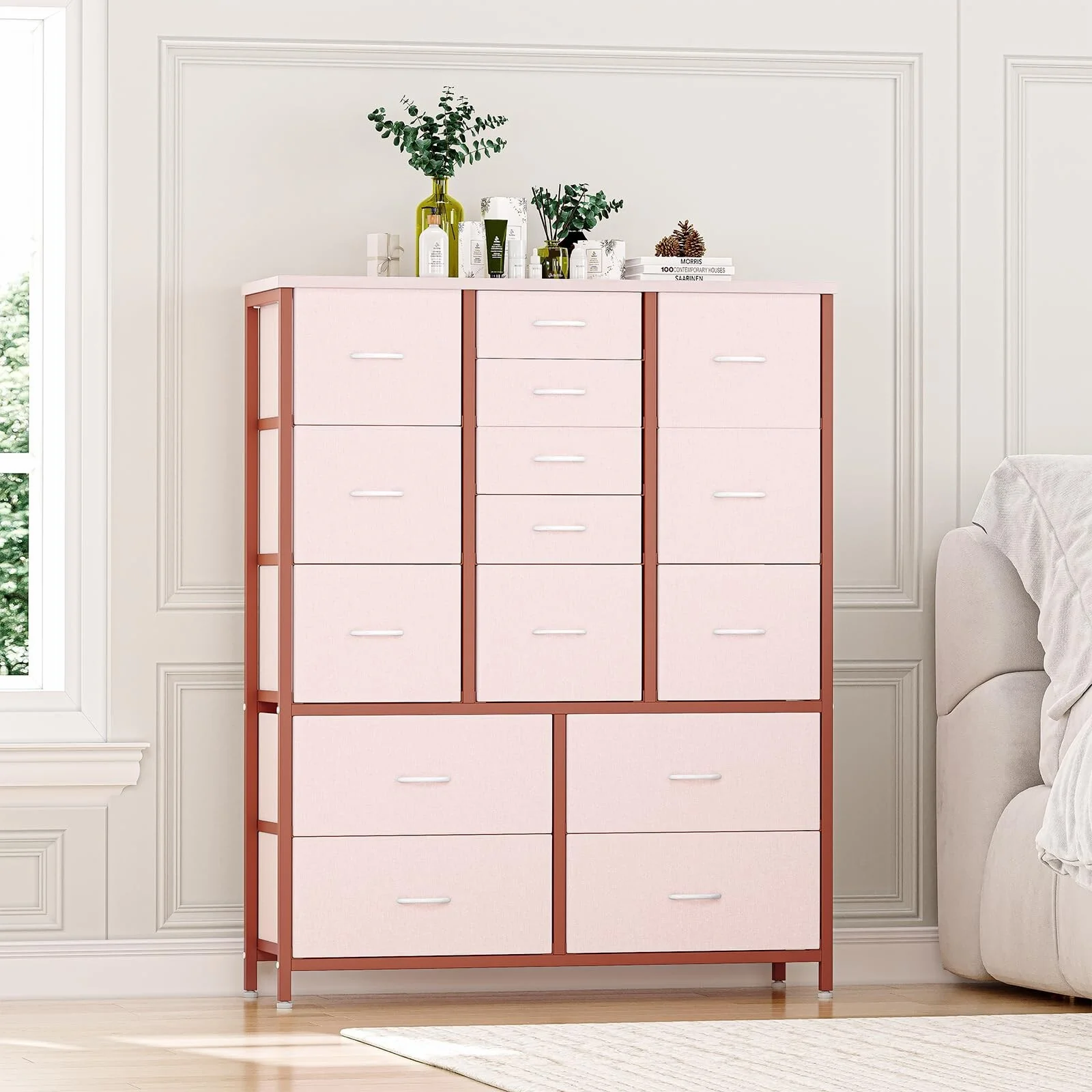 Garvee 15 Drawers Dresser for Bedroom Tall Chest of Drawers, Metal Frame & Wood Top Storage Organizer Cabinet with Fabric Drawers for Living Room, Entryway, Hallway, Closet, White