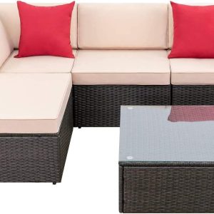 Devoko 5 Pieces Patio Furniture Sets All Weather Outdoor Sectional Patio Sofa Manual Weaving Wicker Rattan Patio Seating Sofas with Cushion and Glass Table(Beige)