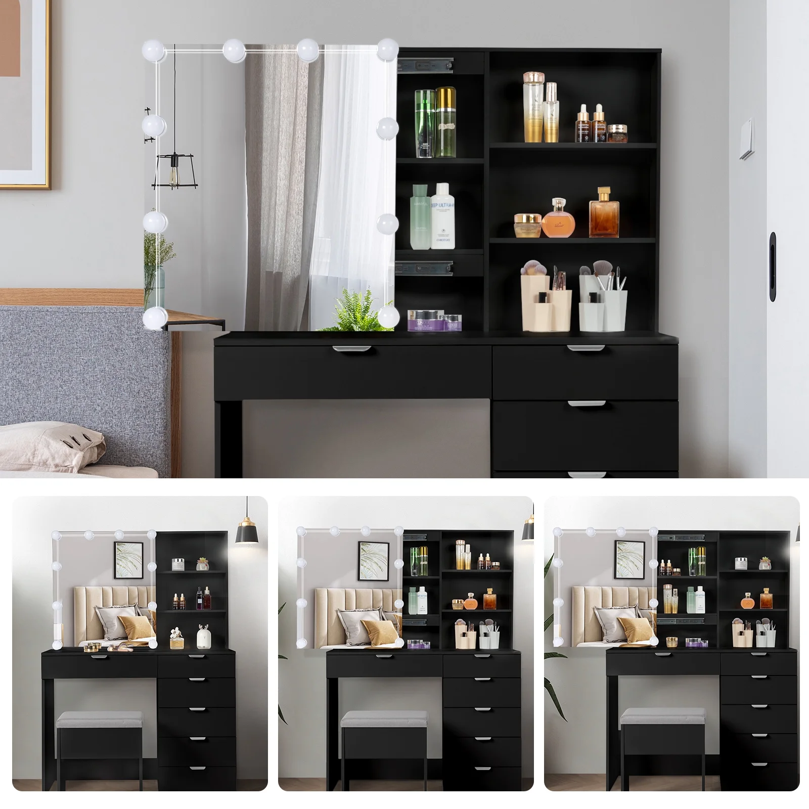 Ktaxon Vanity Set with 3 Color Lighted Mirror, Makeup Table with 6 Drawers, Dressing Table Makeup Desk with Stool, White