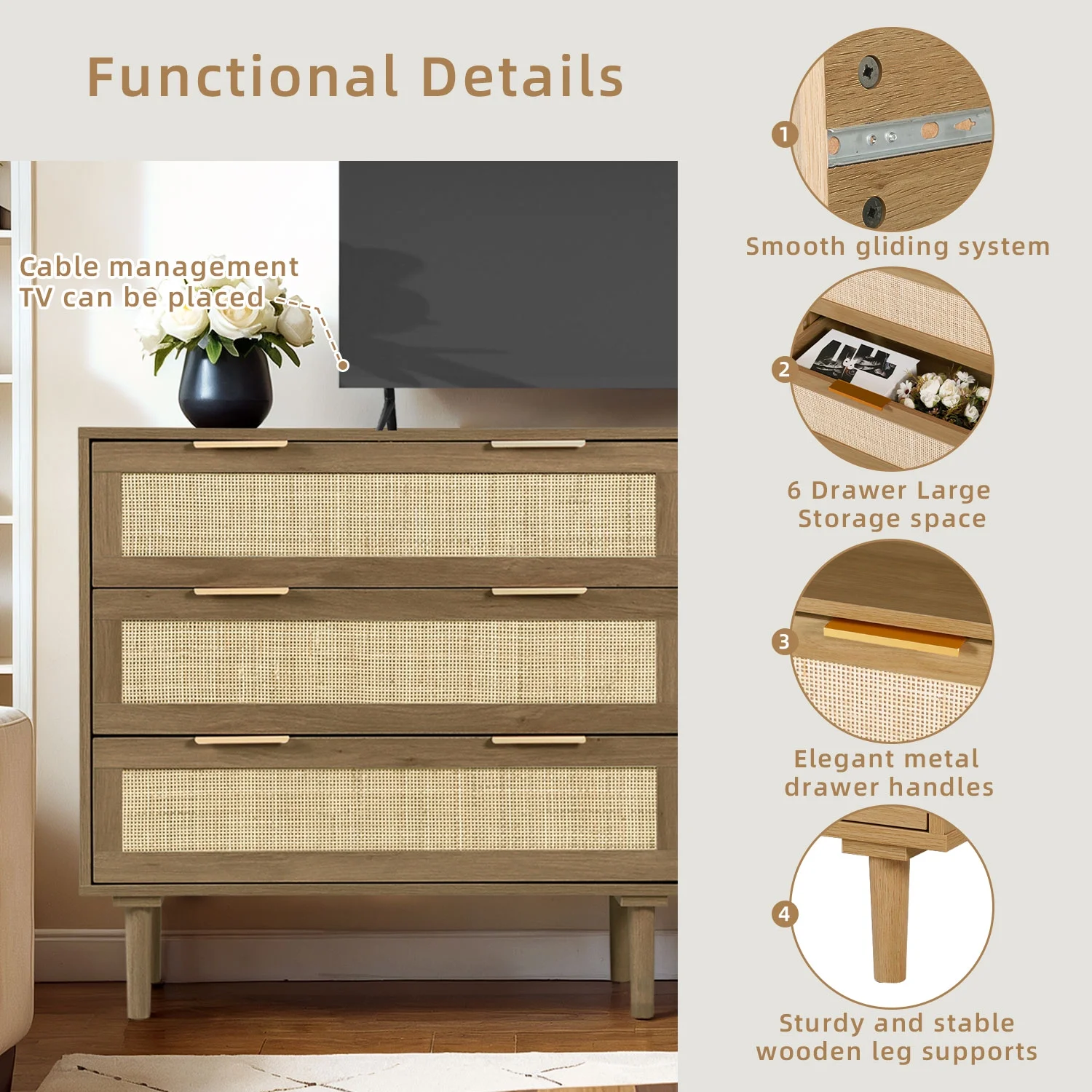 LAZZO 3 Modern Drawer Dresser Rattan, Wooden Dresser Chest of Large Storage Cabinet