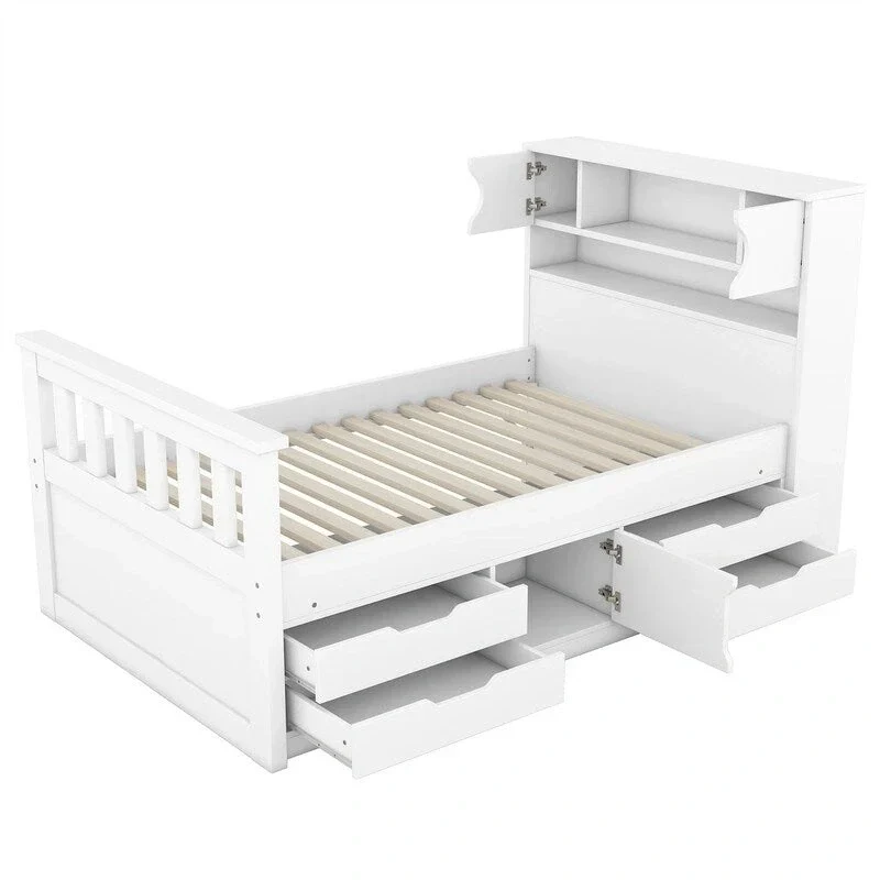 Twin/Full Size Captain Platform Bed with 4 Drawers and Storage Shelves, Solid Wood Bed Frame with Storage Bookcase Headboard