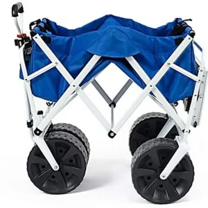 All Terrain Beach Wagon with Side Table|Heavy Duty Collapsible Folding Cart with Large Wheels for Beach Day, Picnic, Camping, Outdoor Activities | Blue/White