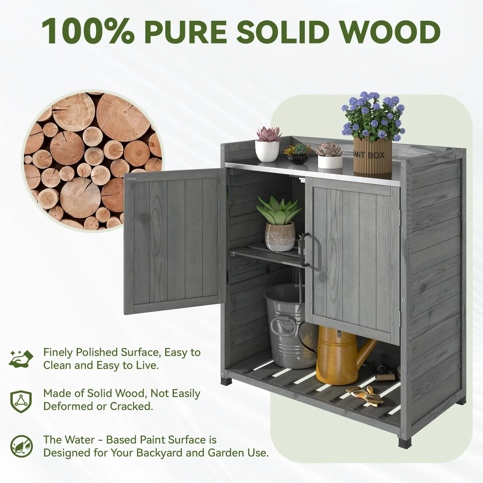YODOLLA Potting Bench, Wooden Outdoor Storage Cabinet with Adjustable Shelf, Patio Storage with Metal Tabletop, Potting Table for Garden, Patio and Lawns, Gray