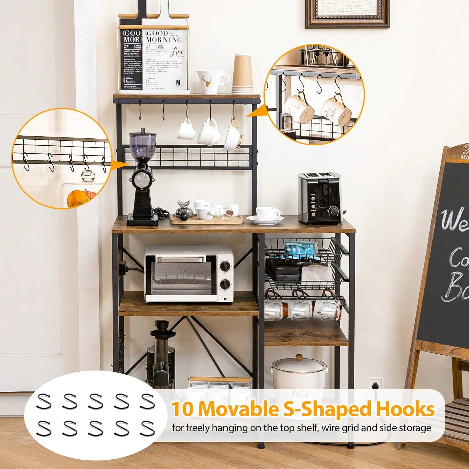 Dinaza Bakers Rack with Power Outlet 4/5 Tier Microwave Stand with Kitchen Storage Shelf Rack Mug Holder 10 S-Shaped Hooks for Kitchen Living Room Coffee Bar Station