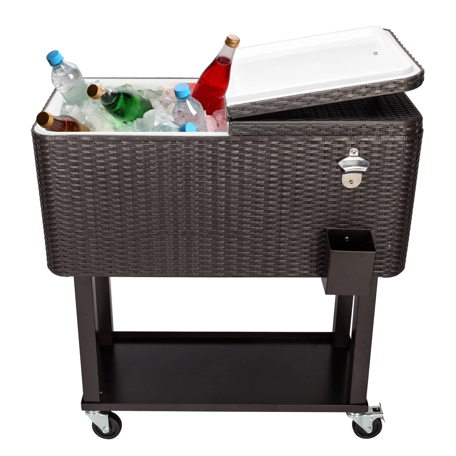 80QT Rattan Cooler with Shelf & Wheels - Insulated Outdoor Beverage Ice Chest for Parties, Patios, & Events - Durable Woven Design, Stainless Steel Accents, Keeps Cool 48 Hrs
