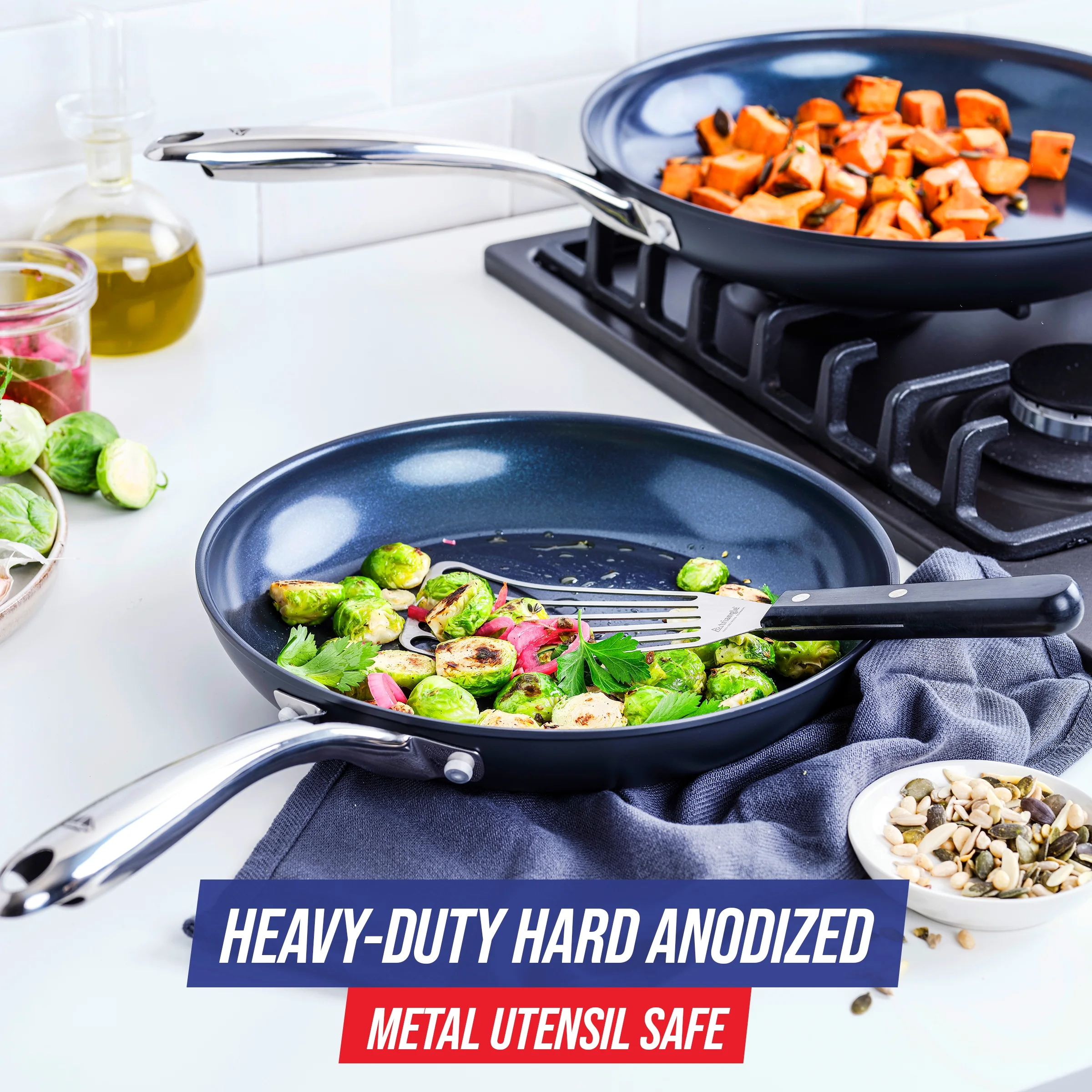 Blue Diamond Hard Anodized Toxin-Free Ceramic, Metal Utensil Safe Frying Pan Set, 10" and 12"