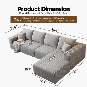 107.5" Cloud Modular Sectional Sofa Couch with L-Shape Chaise,Modern Minimalist Upholstered Couches for Living Room Bedroom,Deep Seat Corner Couch .No Assembly Required (Black,Left Facing Chaise)