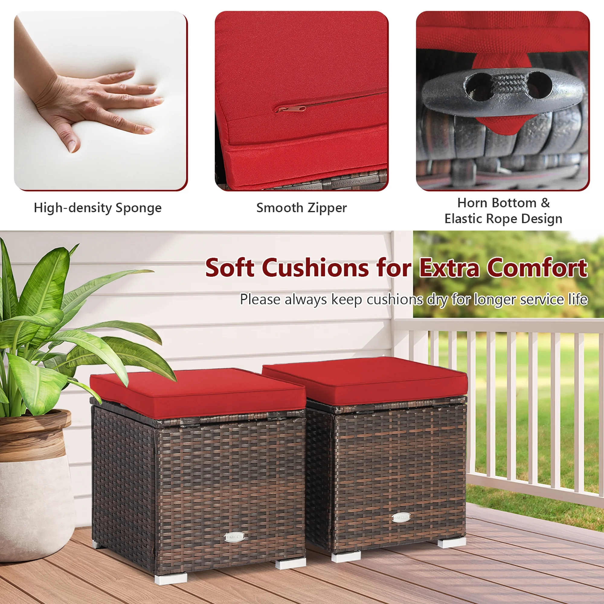 Costway 2PC Patio Rattan Ottoman Seat Side Table Storage Box Footrest Off White