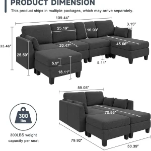 Modular Sectional Sofa, Convertible U Shaped Sofa Couch with High Density Memory Foam, 6 Seat Comfy Modular Sofa Couch for Living Room, Modern U Shaped Sectional Sofa, Dimgrey