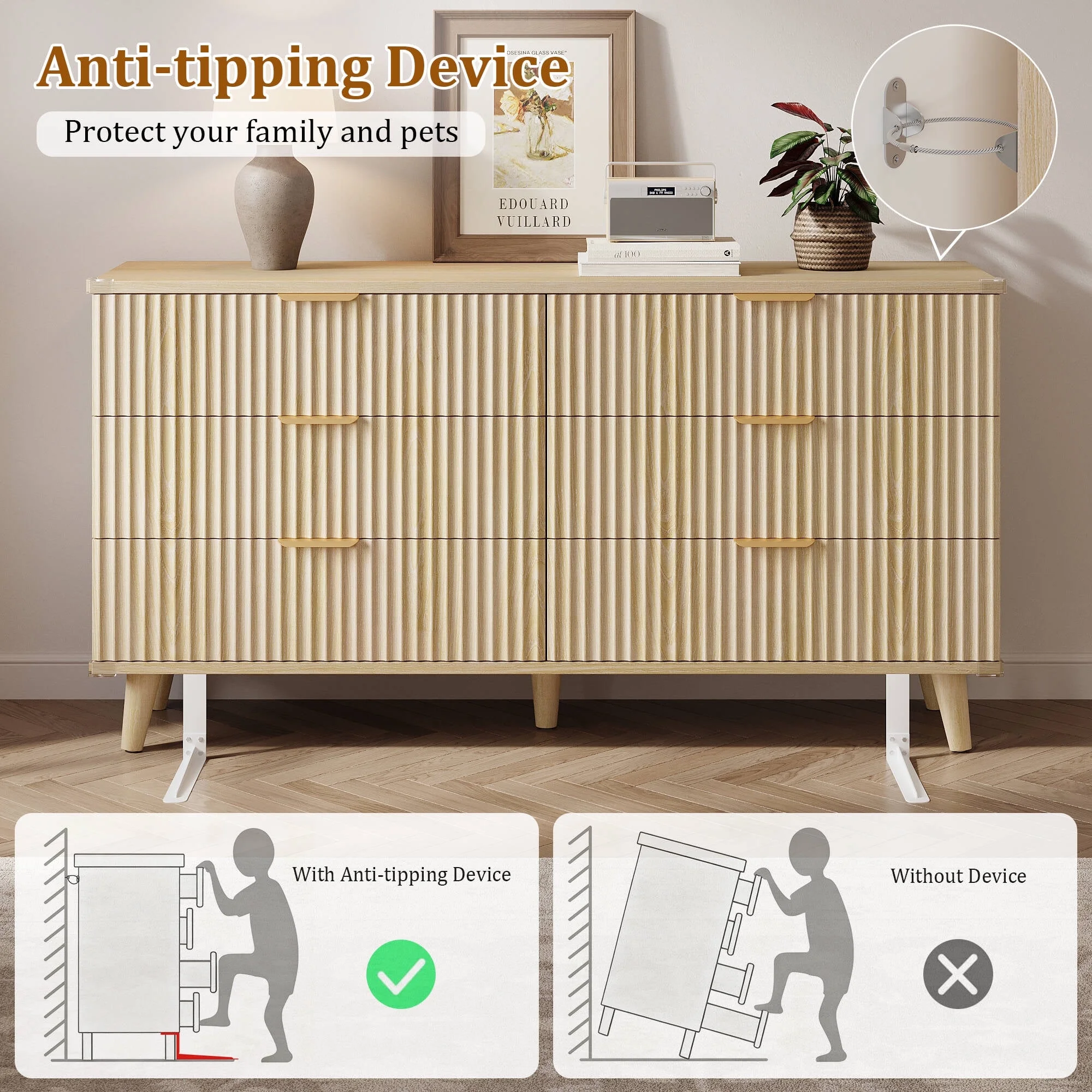 Laintene 3-Piece Boho Bedroom Set - 6-Drawer Dresser & 2 Nightstands with 3 Drawers & USB Charging, Fluted Wooden Storage, Modern Dresser & Nightstand Combo, Natural