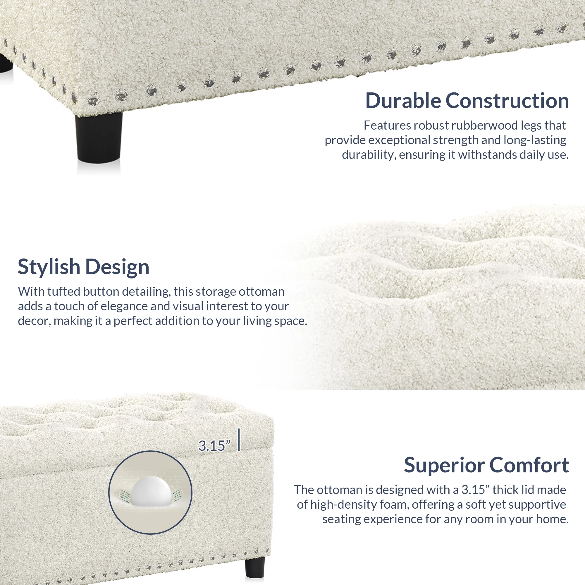 BELLEZE 35 Inch Storage Ottoman, Button-Tufted Ottoman Linen Storage Bench with Safety Close Hinge, Ottoman with Storage for Living Room, Entryway, Hallway, Foot Rest, Support 300lbs - Dark Grey