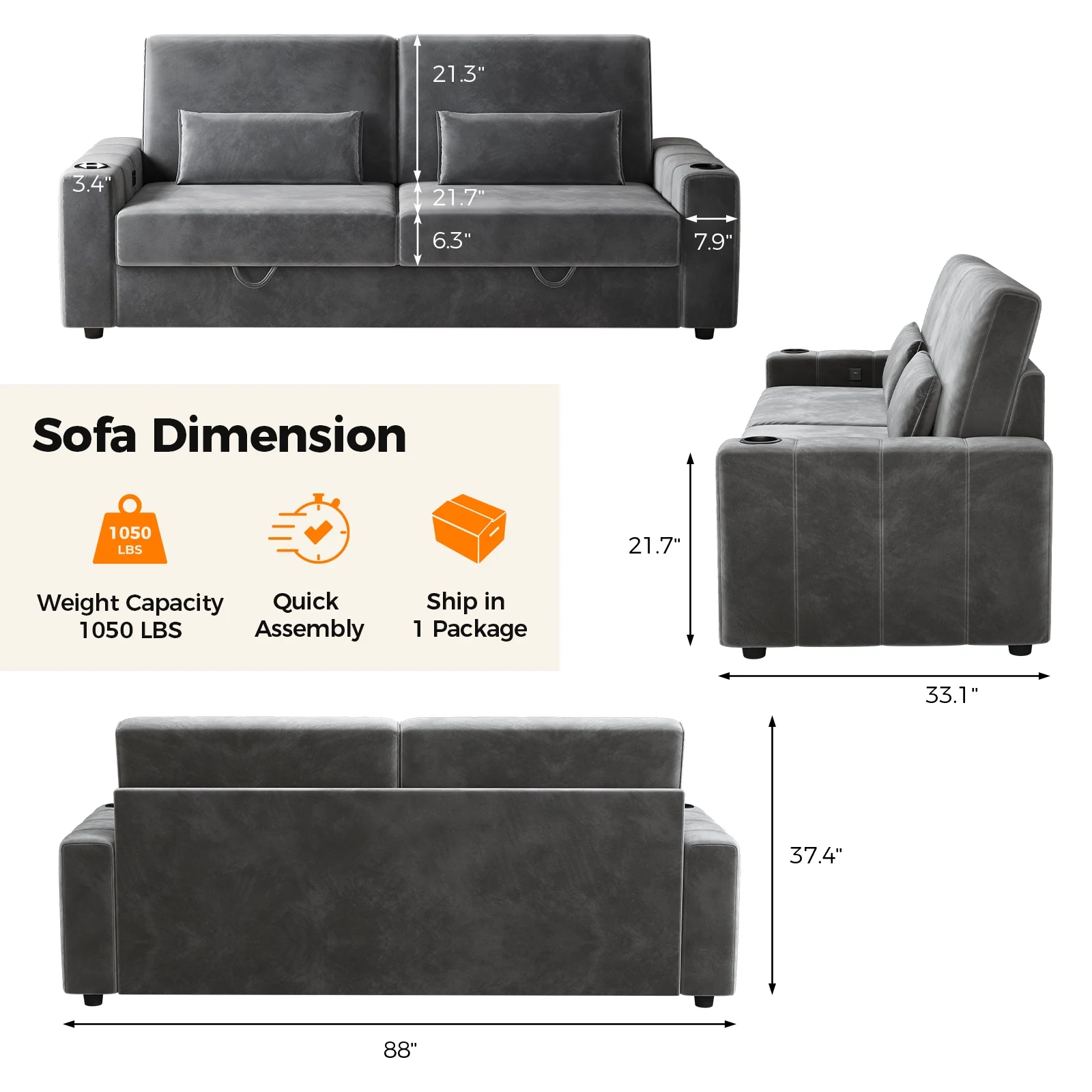 87-Large Loveseat Sofa, 3 Seater Couch with Storage, Velvet Fabric Deep Seat Sofa with Pillow& Cup Holders, Modern Comfy Sofa with USB& Type-C Ports, Home Sofa Couch for Living Room Bedroom