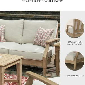 Signature Design by Ashley Clare View Coastal Outdoor Patio Eucalyptus Sofa with Cushions, Beige